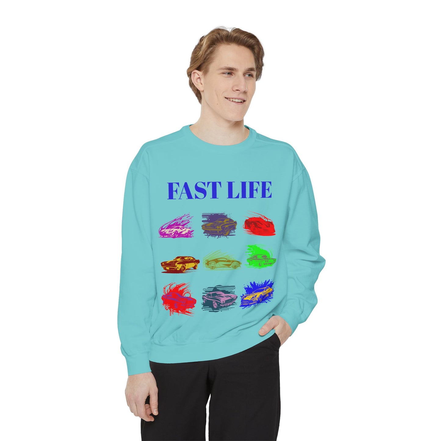 Fast Life Garment-Dyed Unisex Sweatshirt – Colorful Car Design for Automotive Enthusiasts