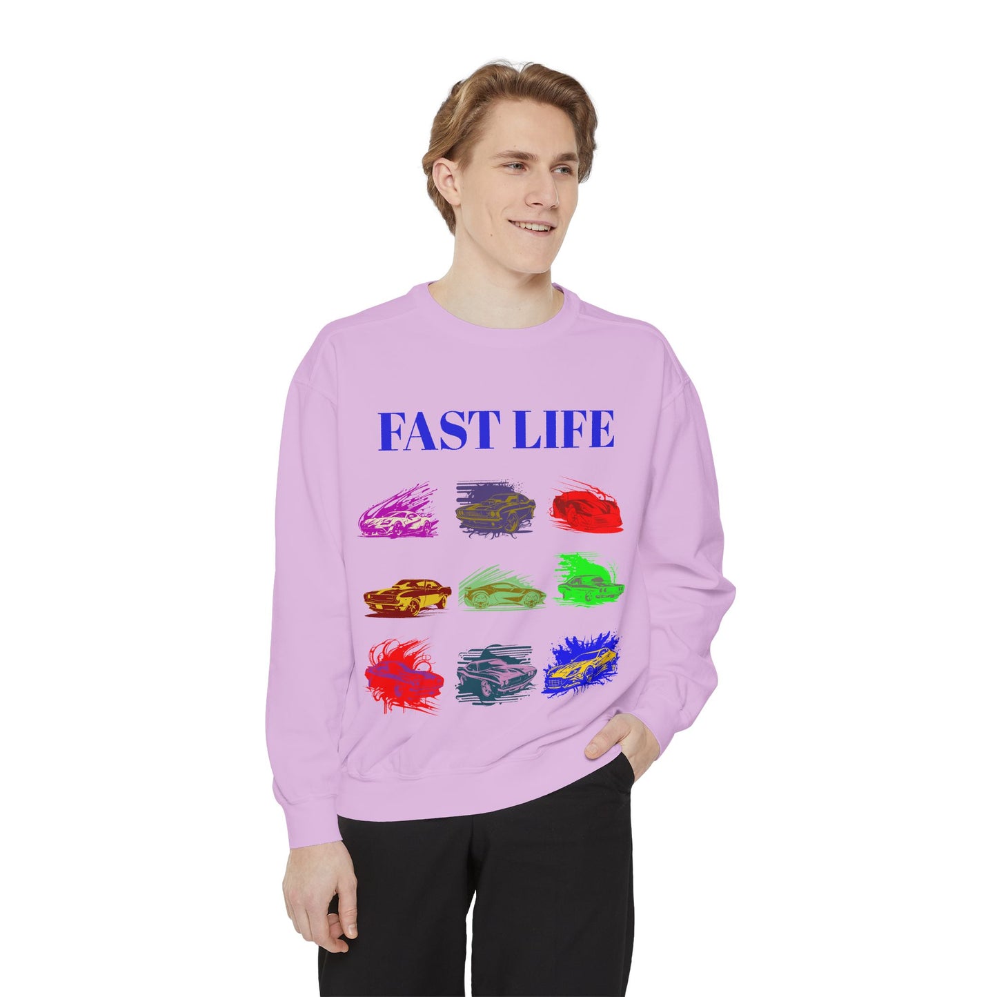 Fast Life Garment-Dyed Unisex Sweatshirt – Colorful Car Design for Automotive Enthusiasts