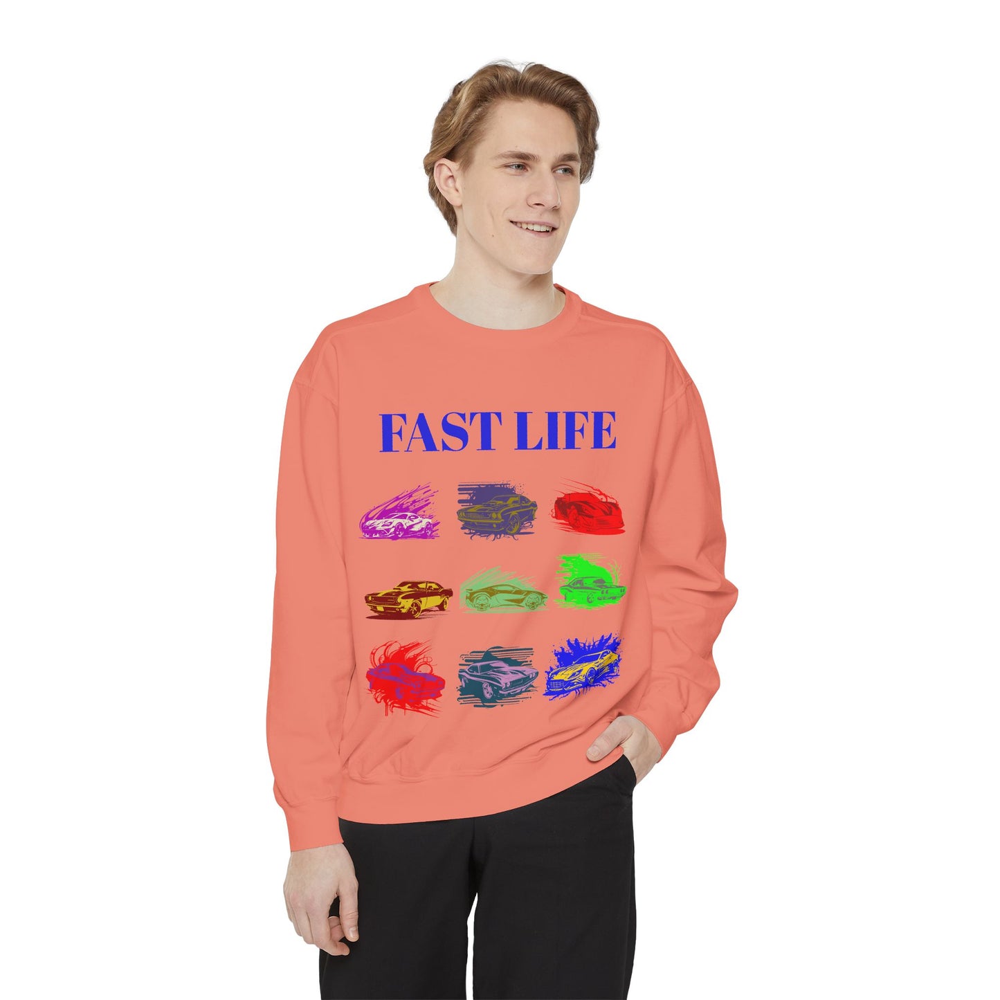 Fast Life Garment-Dyed Unisex Sweatshirt – Colorful Car Design for Automotive Enthusiasts