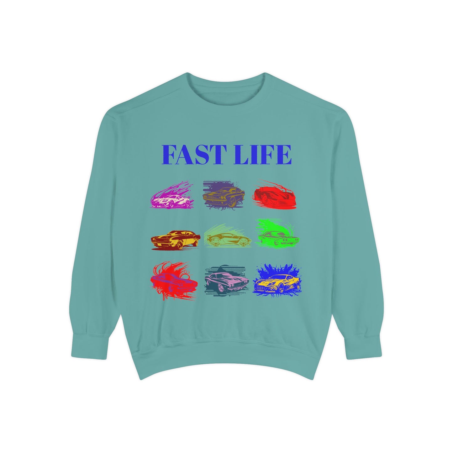 Fast Life Garment-Dyed Unisex Sweatshirt – Colorful Car Design for Automotive Enthusiasts