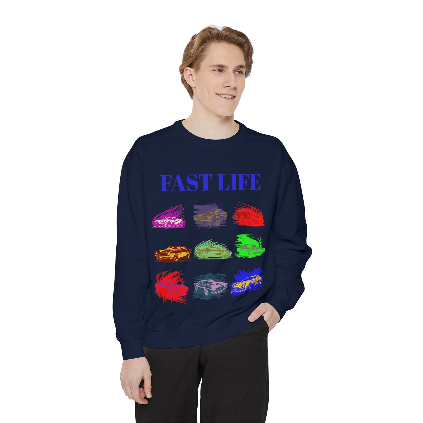 Fast Life Garment-Dyed Unisex Sweatshirt – Colorful Car Design for Automotive Enthusiasts