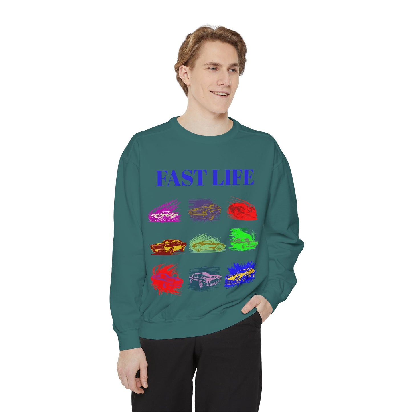 Fast Life Garment-Dyed Unisex Sweatshirt – Colorful Car Design for Automotive Enthusiasts