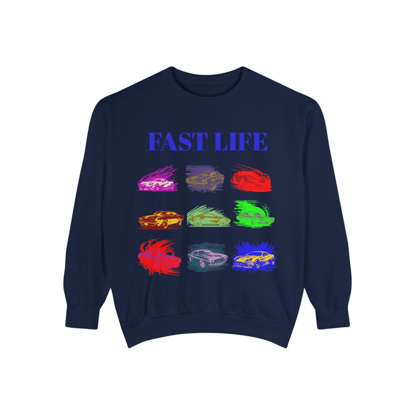Fast Life Garment-Dyed Unisex Sweatshirt – Colorful Car Design for Automotive Enthusiasts