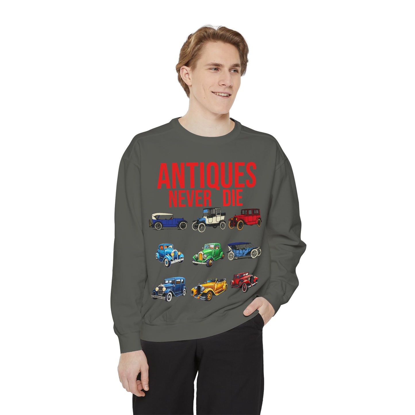 Vintage Car Lovers Sweatshirt - "Antiques Never Die"