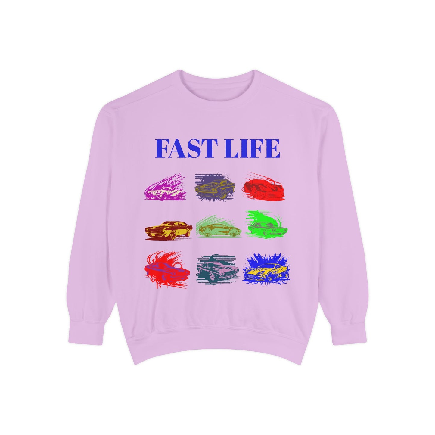 Fast Life Garment-Dyed Unisex Sweatshirt – Colorful Car Design for Automotive Enthusiasts