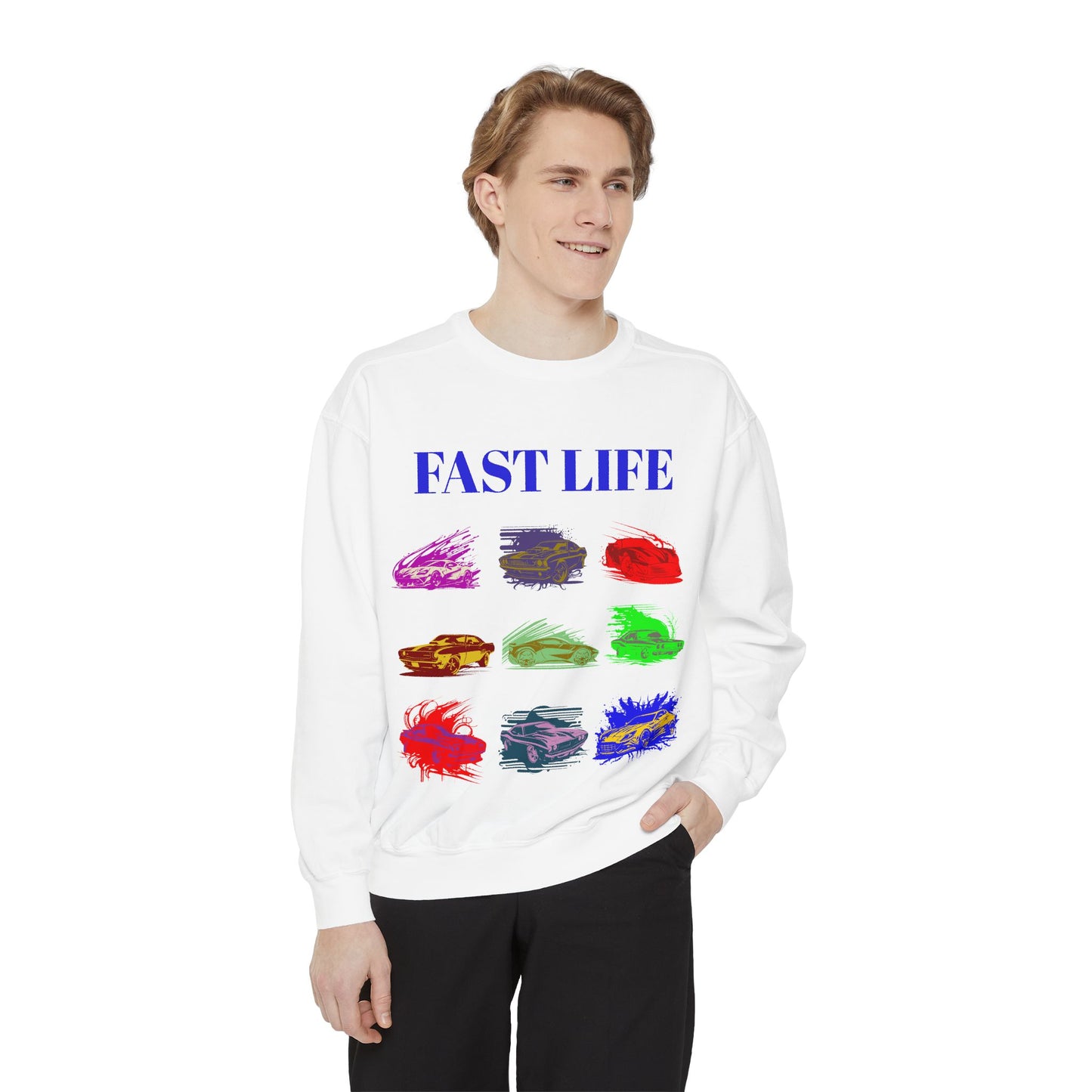 Fast Life Garment-Dyed Unisex Sweatshirt – Colorful Car Design for Automotive Enthusiasts