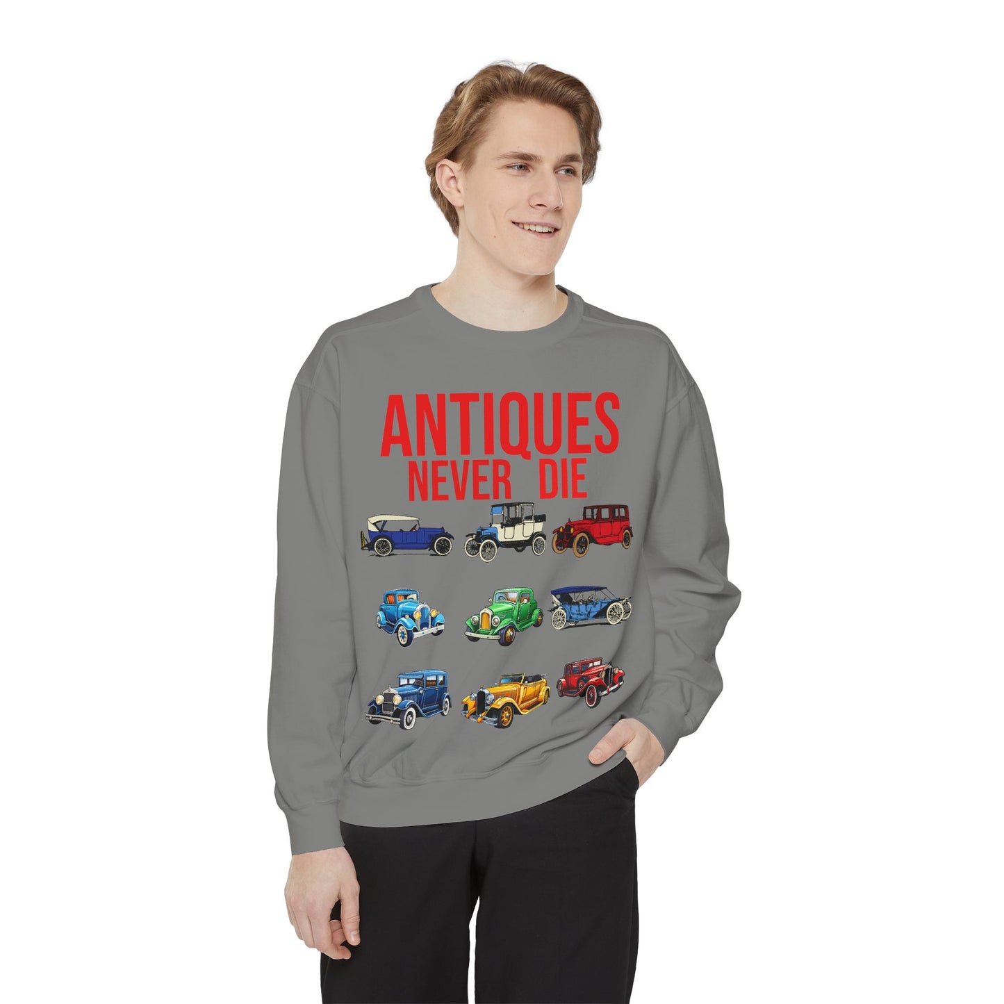 Vintage Car Lovers Sweatshirt - "Antiques Never Die"