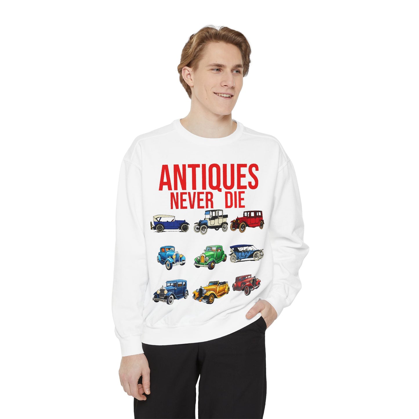 Vintage Car Lovers Sweatshirt - "Antiques Never Die"