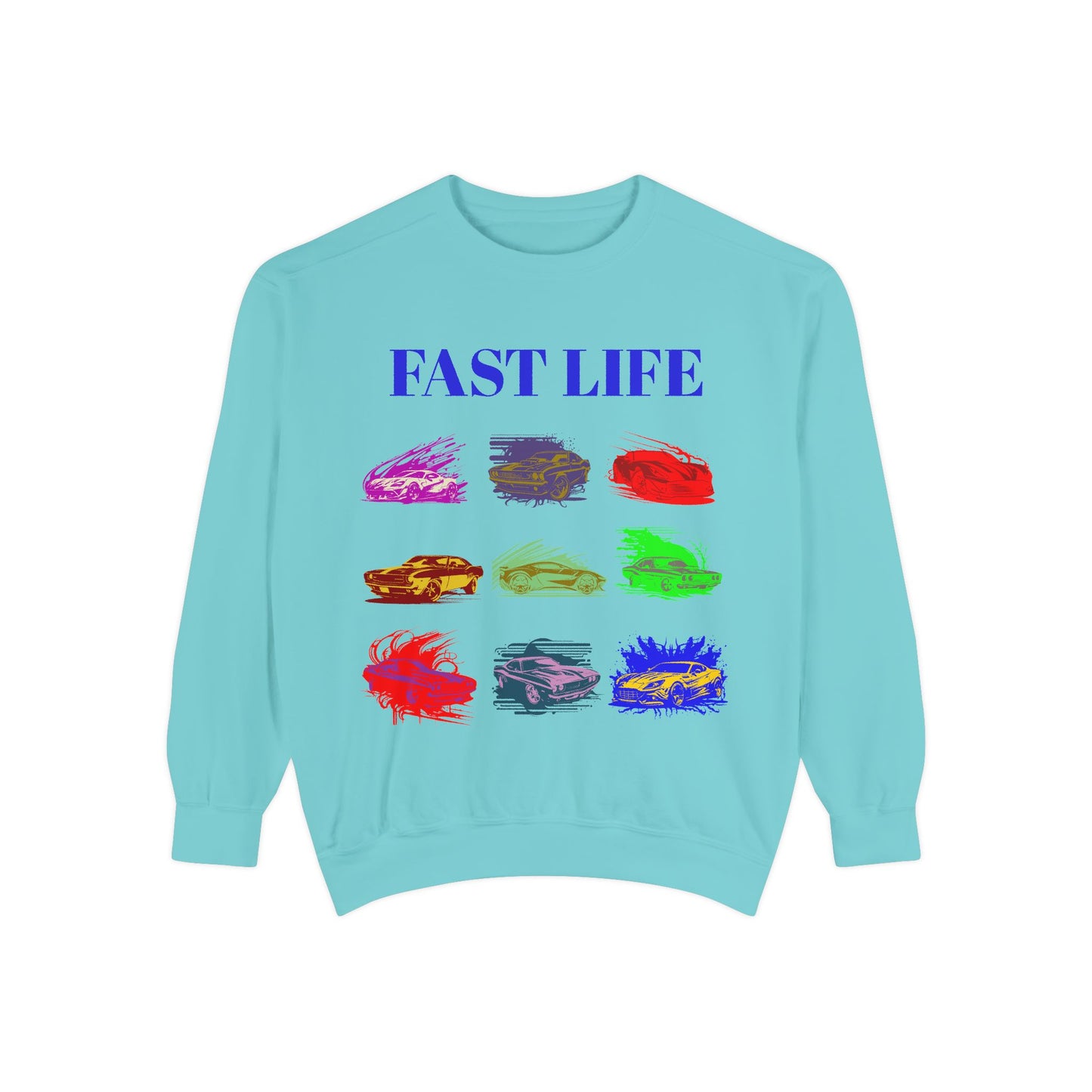 Fast Life Garment-Dyed Unisex Sweatshirt – Colorful Car Design for Automotive Enthusiasts