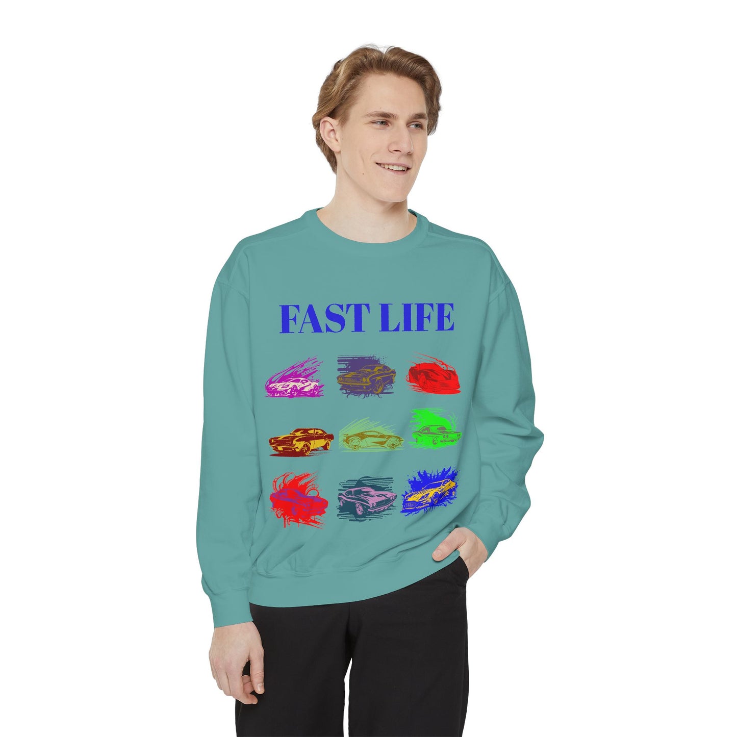 Fast Life Garment-Dyed Unisex Sweatshirt – Colorful Car Design for Automotive Enthusiasts