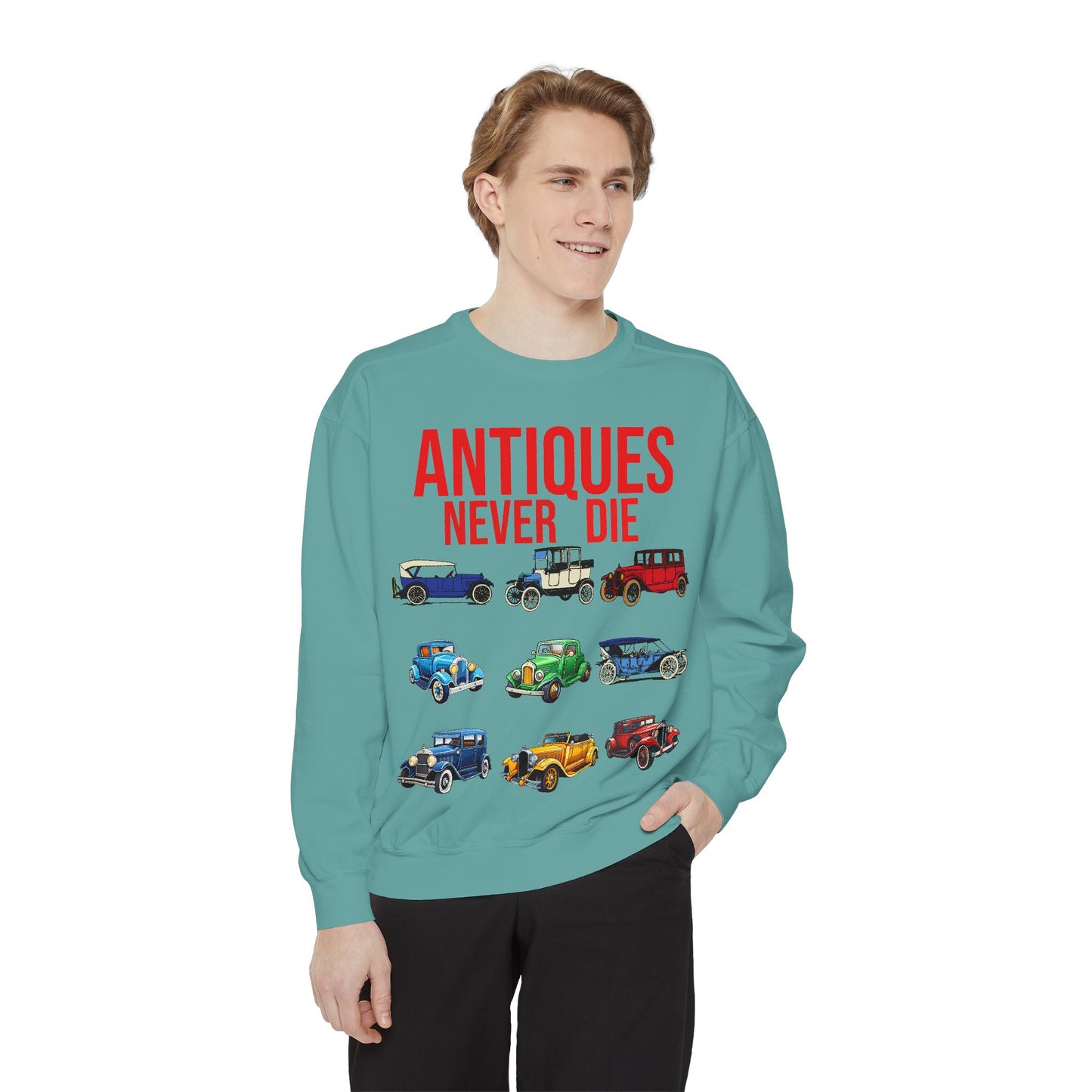 Vintage Car Lovers Sweatshirt - "Antiques Never Die"