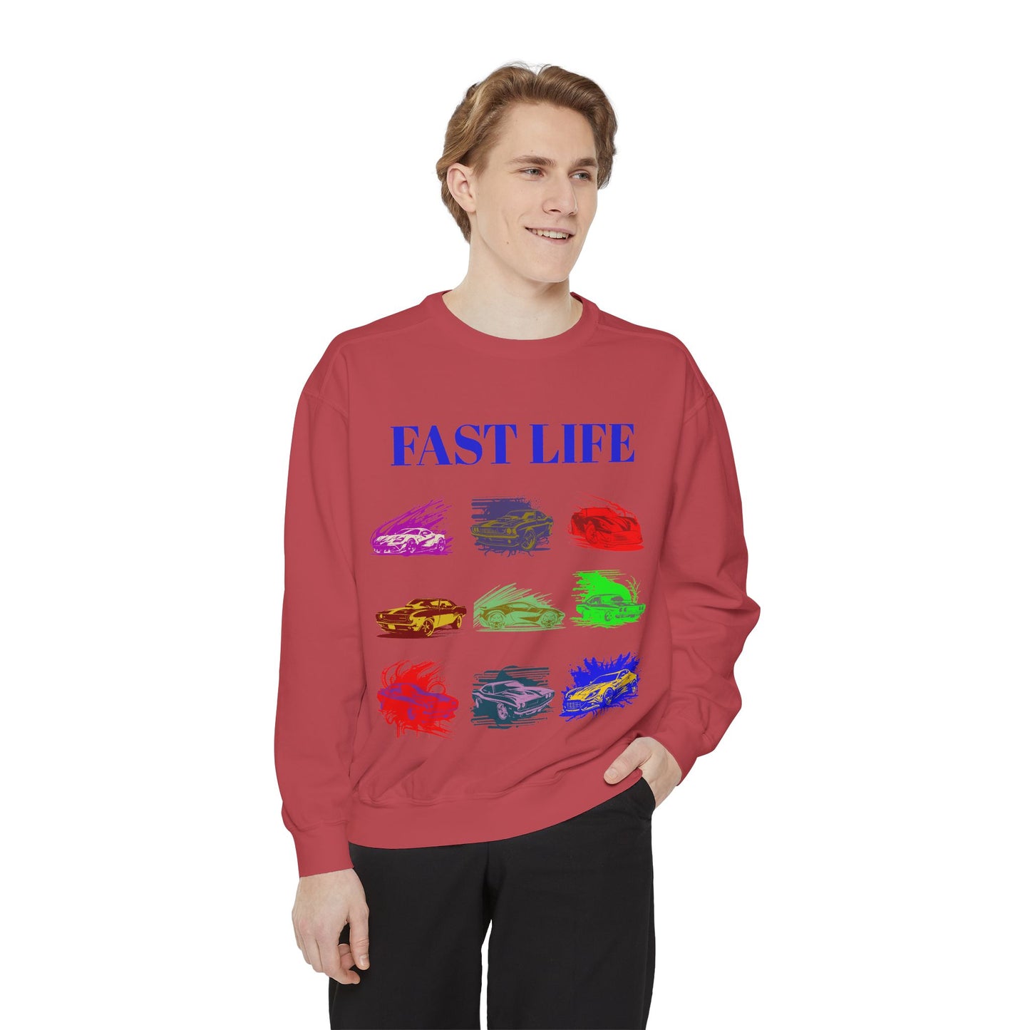 Fast Life Garment-Dyed Unisex Sweatshirt – Colorful Car Design for Automotive Enthusiasts