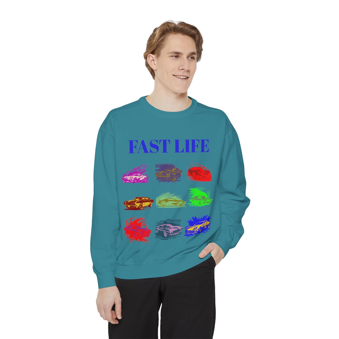 Fast Life Garment-Dyed Unisex Sweatshirt – Colorful Car Design for Automotive Enthusiasts