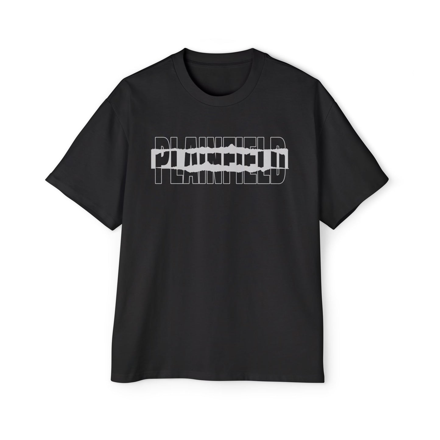 Plainfield Graphic Tee — Bold Distressed Logo Men’s Oversized Shirt