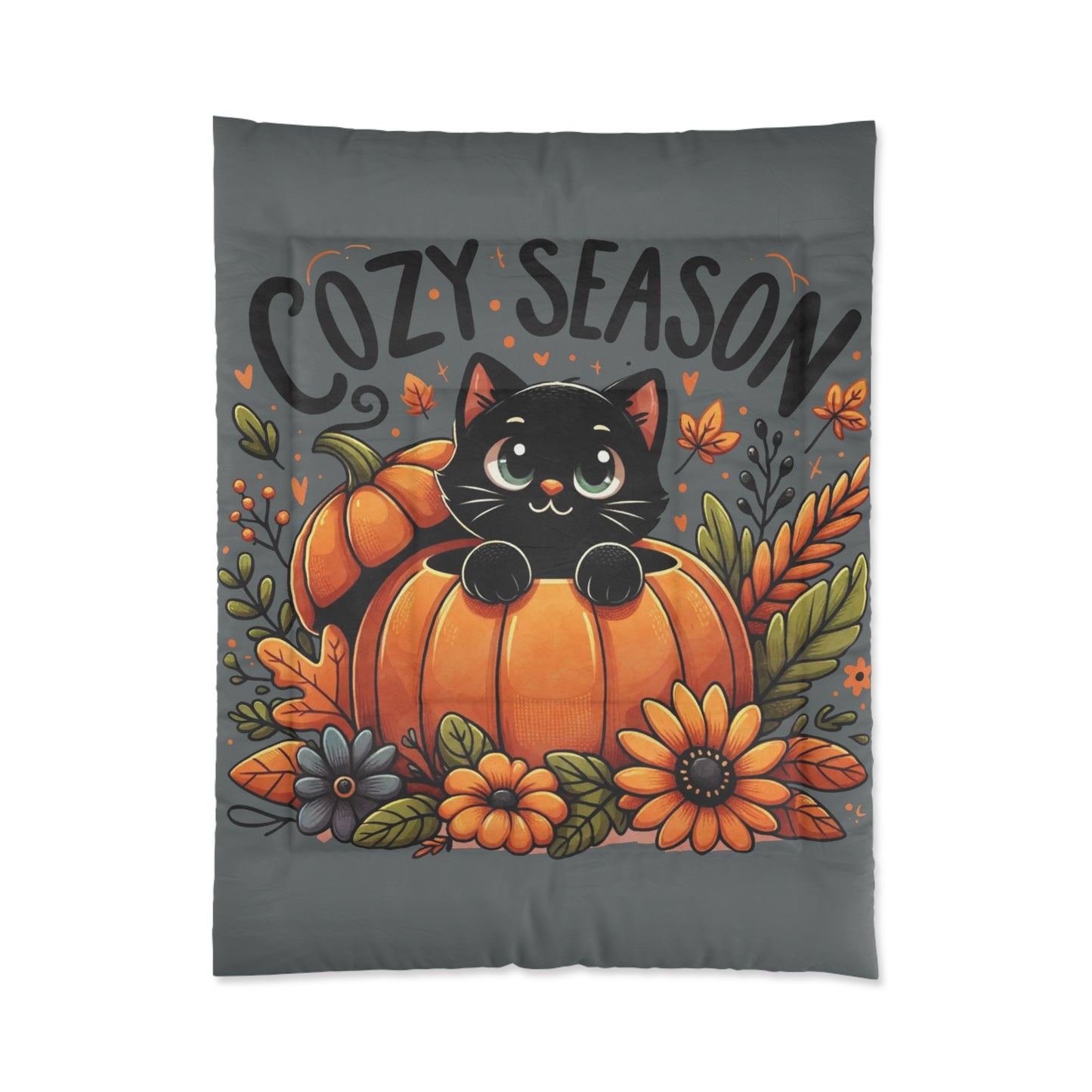 Comforter - Cute Black Kitten Pumpkin Autumn Leaves Design