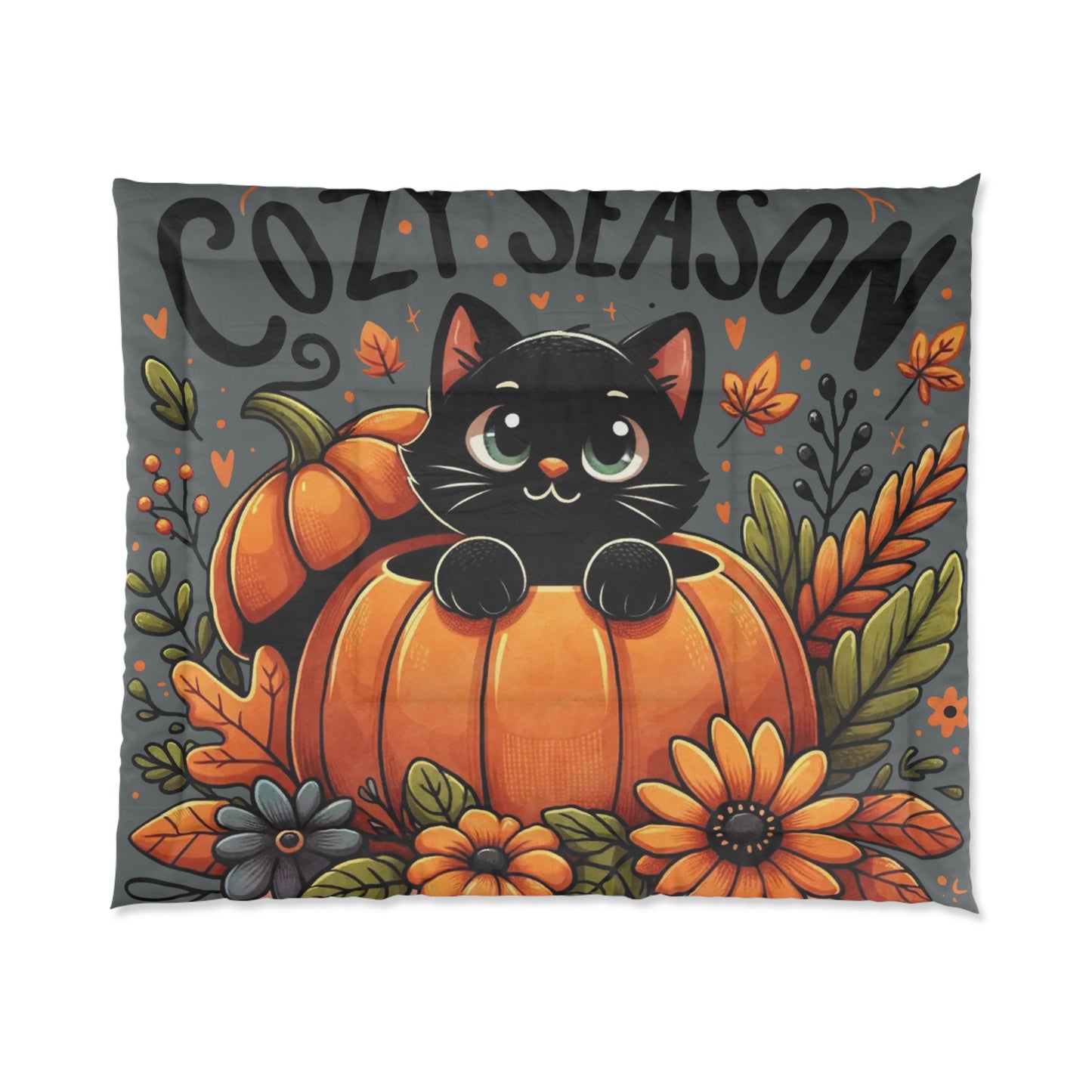 Comforter - Cute Black Kitten Pumpkin Autumn Leaves Design