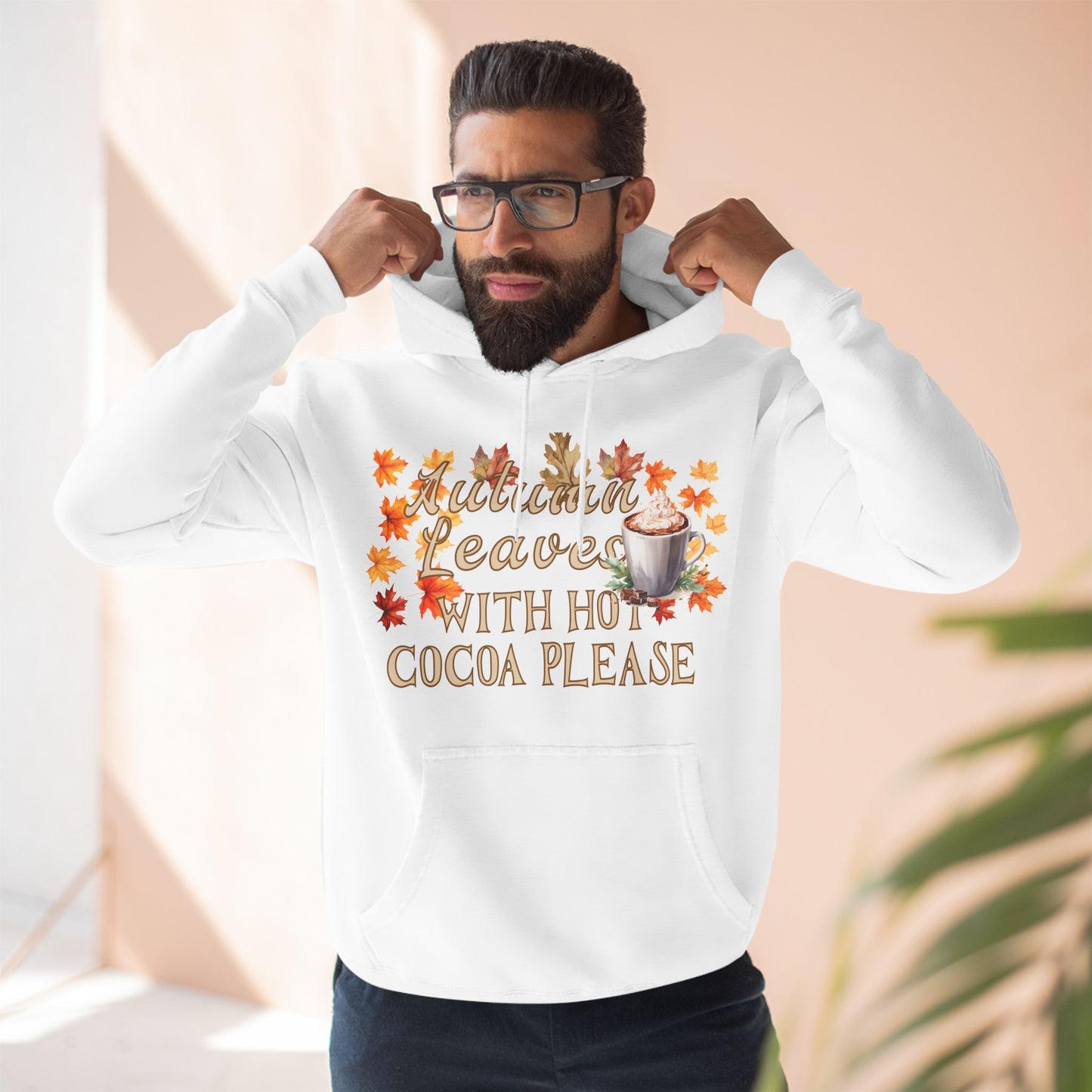 Fleece Hoodie - Fall Season Hot Cocoa and Pumpkins Design