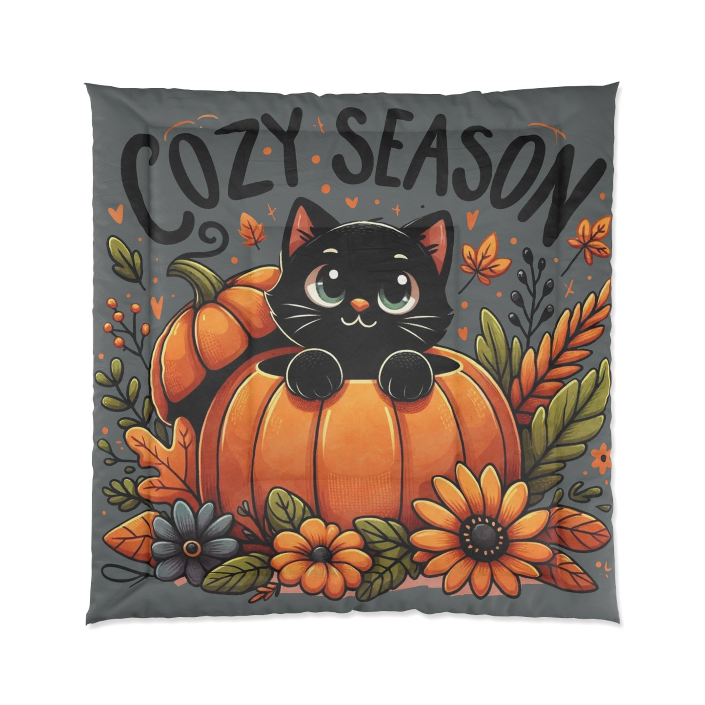 Comforter - Cute Black Kitten Pumpkin Autumn Leaves Design