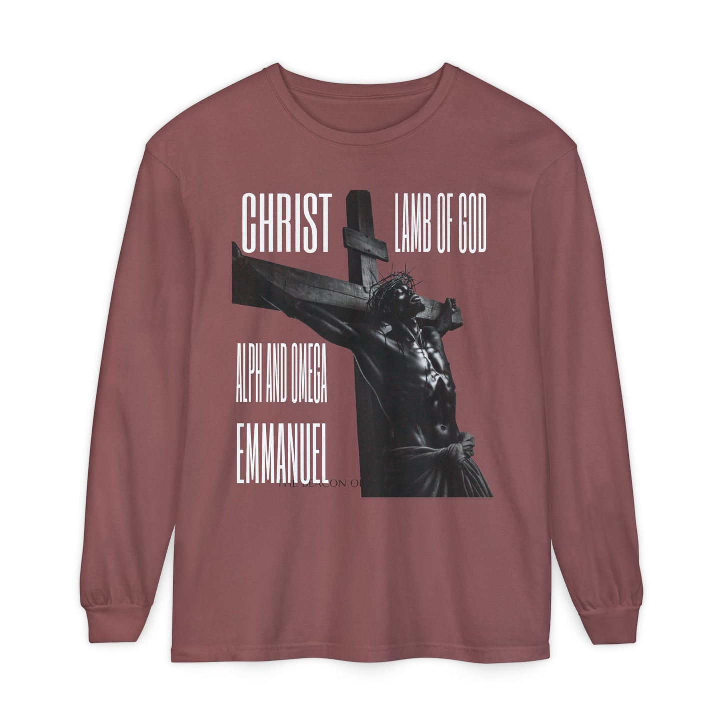 He Goes By many Names Faith-Inspired Long Sleeve T-Shirt - Garment-Dyed with Crucifix Design