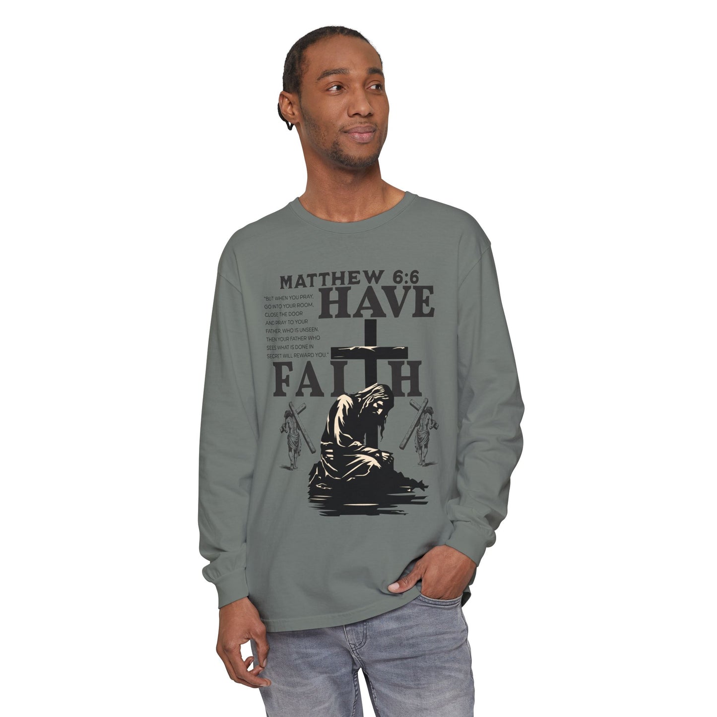 Faith Inspired Unisex Long Sleeve T-Shirt - Matthew 6:6 Design