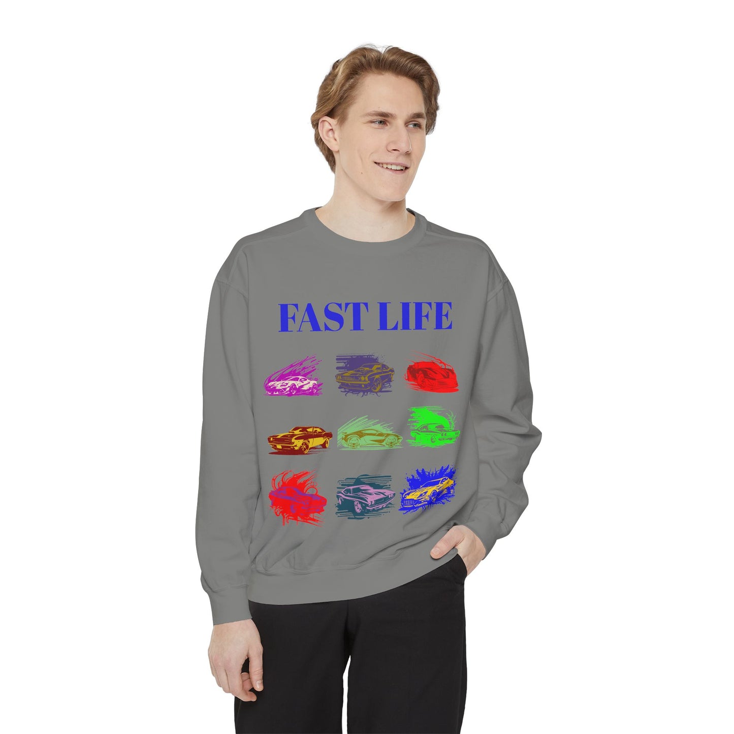 Fast Life Garment-Dyed Unisex Sweatshirt – Colorful Car Design for Automotive Enthusiasts