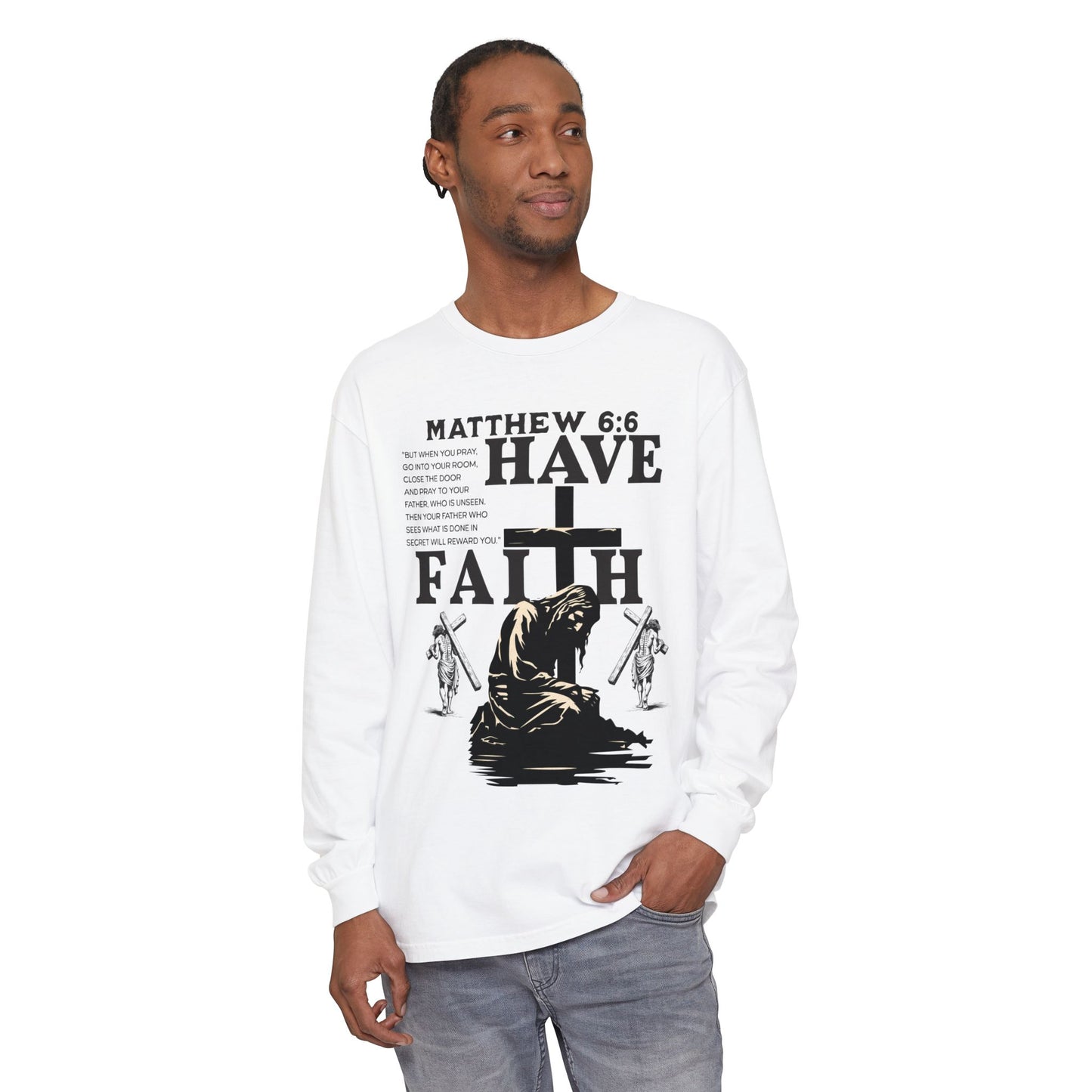 Faith Inspired Unisex Long Sleeve T-Shirt - Matthew 6:6 Design