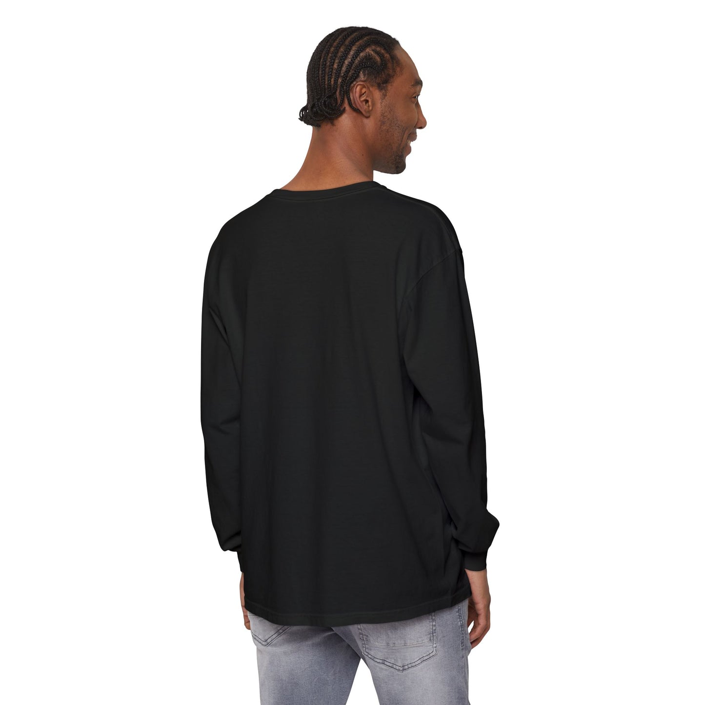 He Goes By many Names Faith-Inspired Long Sleeve T-Shirt - Garment-Dyed with Crucifix Design