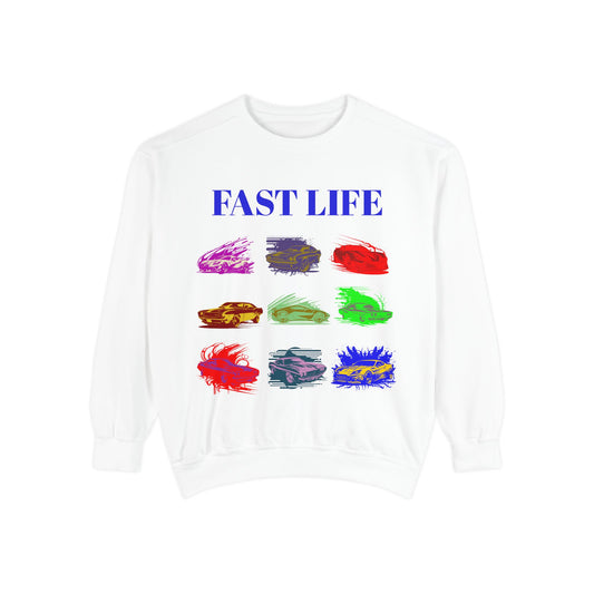 Fast Life Garment-Dyed Unisex Sweatshirt – Colorful Car Design for Automotive Enthusiasts