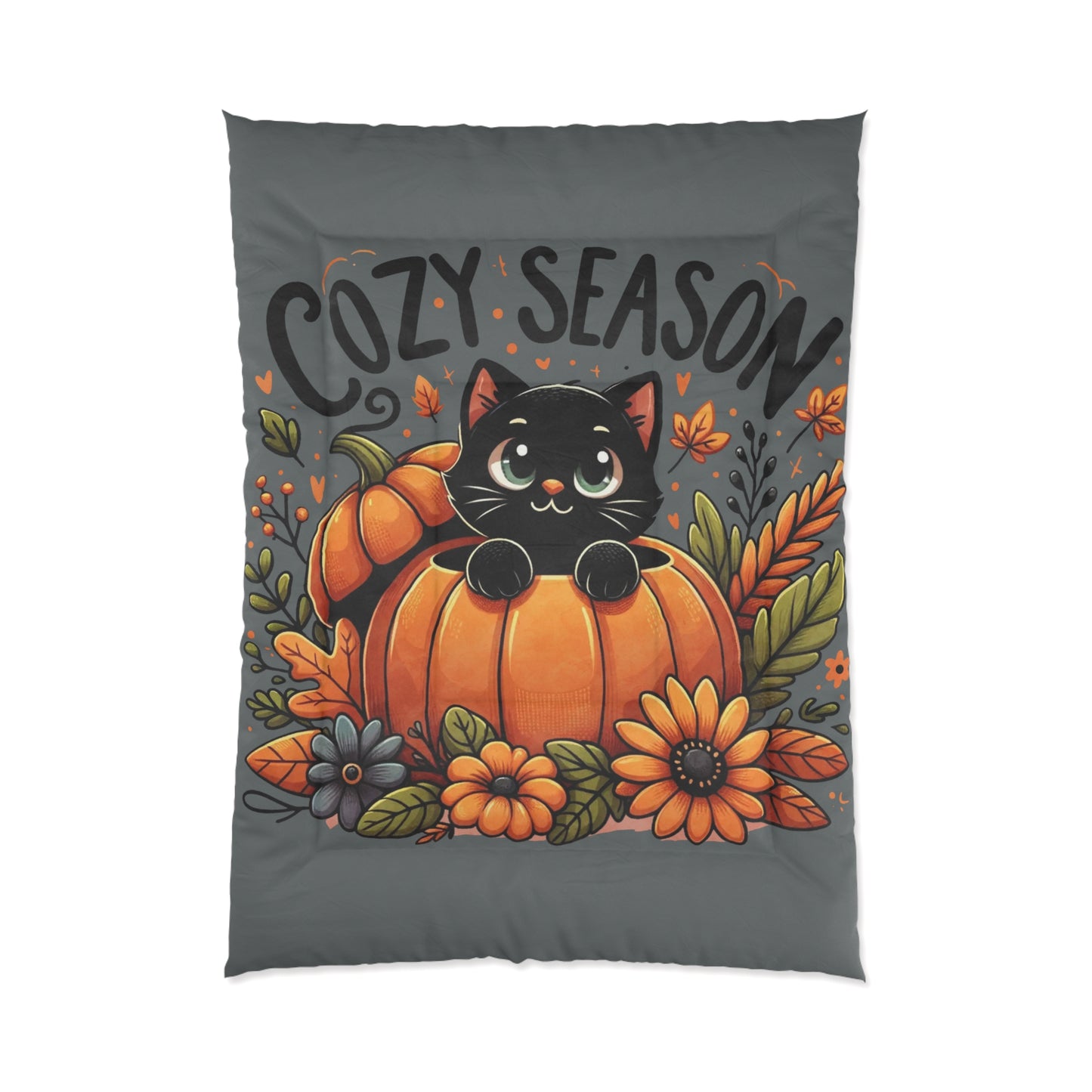 Comforter - Cute Black Kitten Pumpkin Autumn Leaves Design