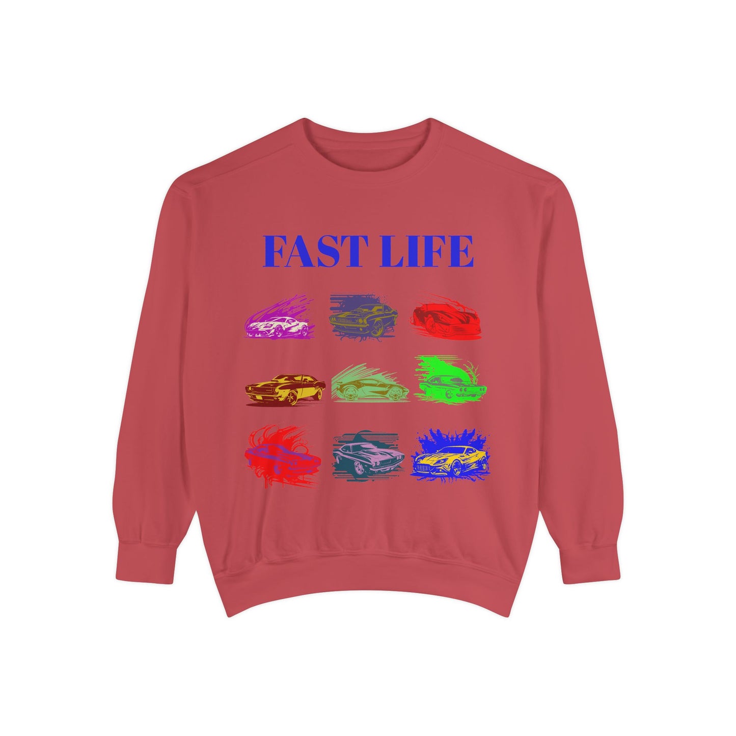 Fast Life Garment-Dyed Unisex Sweatshirt – Colorful Car Design for Automotive Enthusiasts
