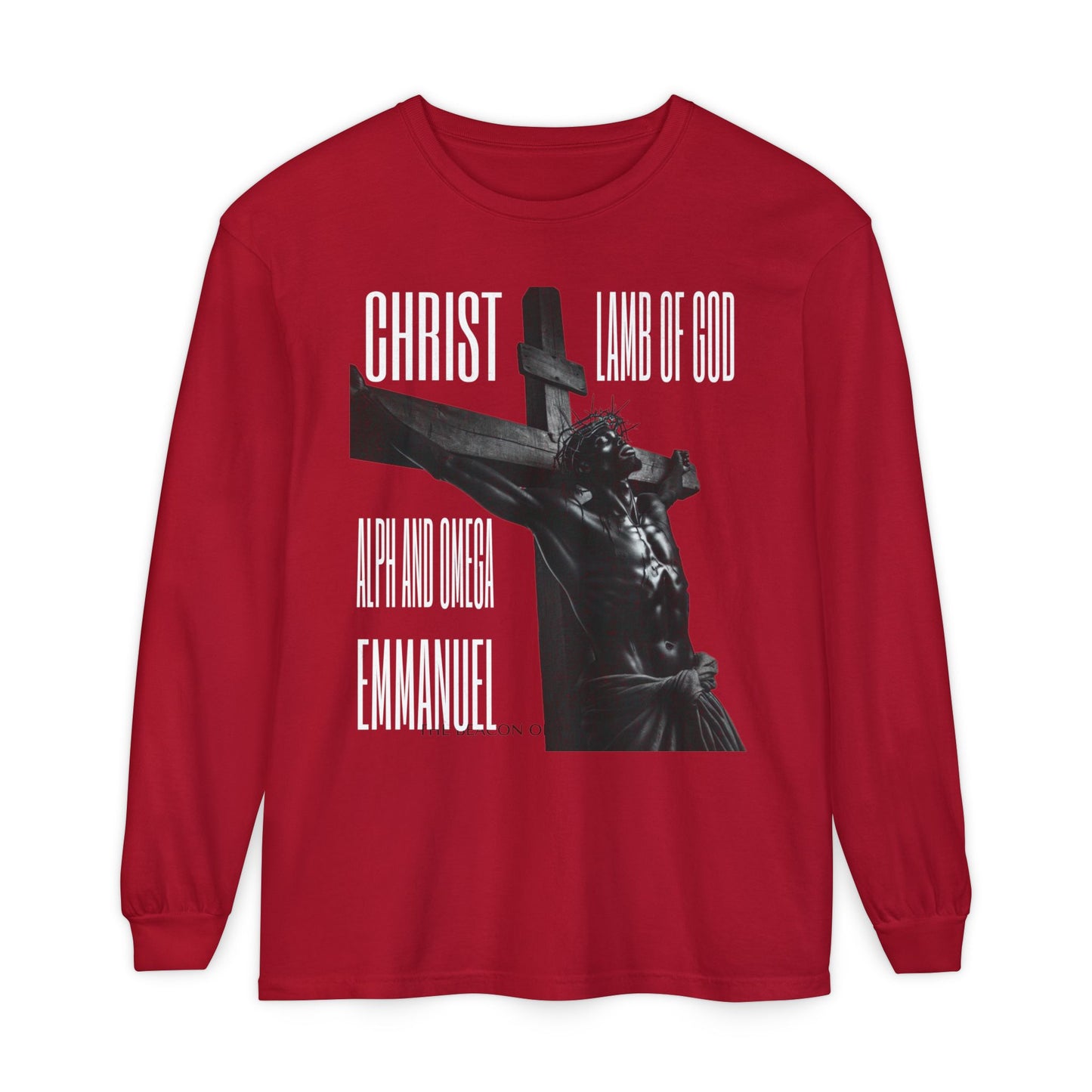 He Goes By many Names Faith-Inspired Long Sleeve T-Shirt - Garment-Dyed with Crucifix Design