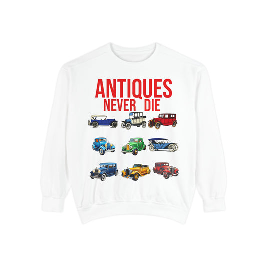 Vintage Car Lovers Sweatshirt - "Antiques Never Die"