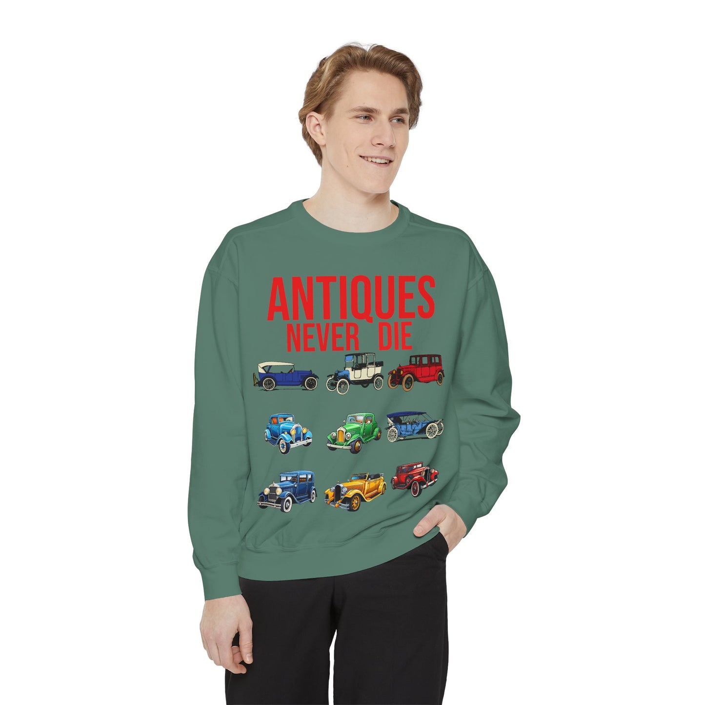 Vintage Car Lovers Sweatshirt - "Antiques Never Die"