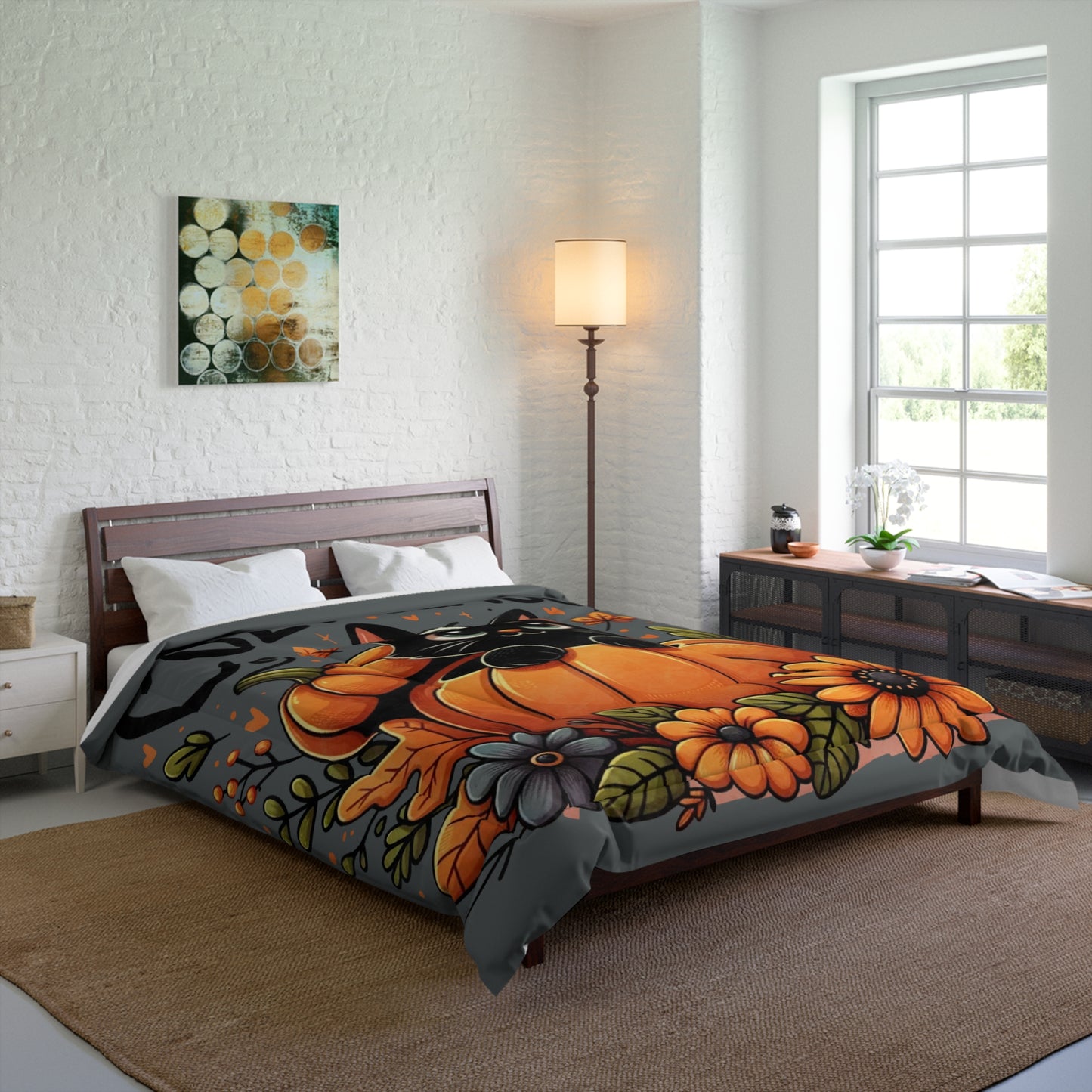 Comforter - Cute Black Kitten Pumpkin Autumn Leaves Design