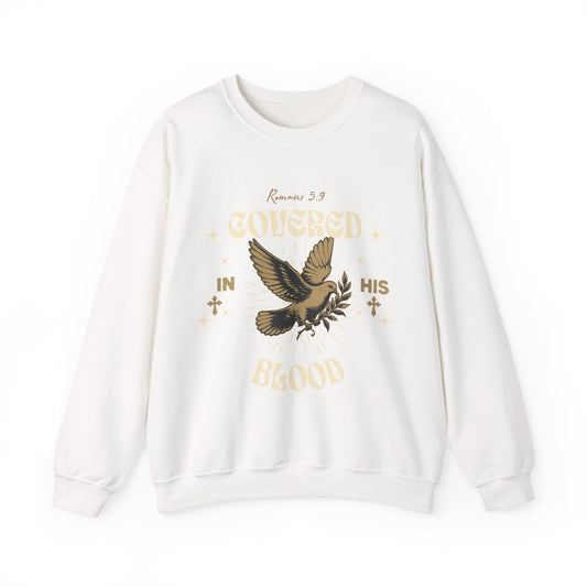 Covered in His Blood Sweatshirt — Christian Eagle Faith Crewneck (Romans 5:9)