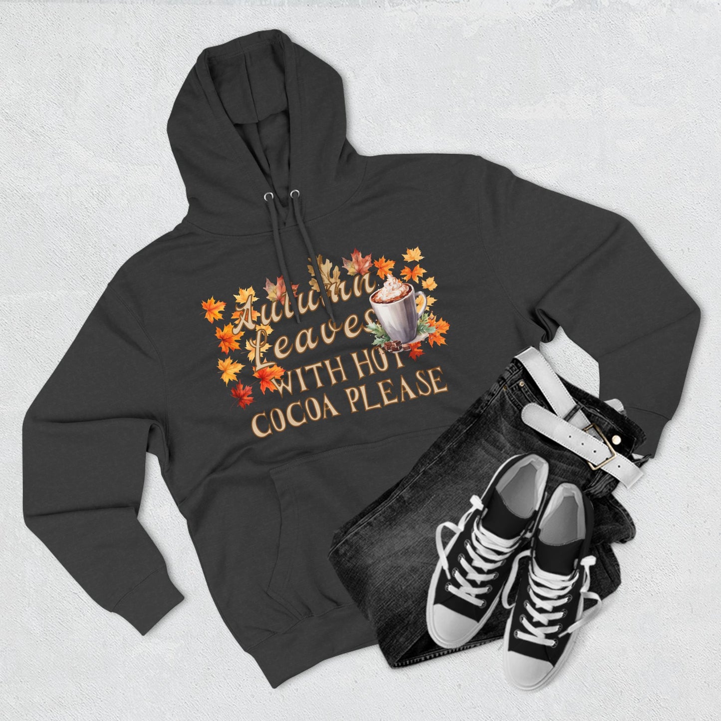 Fleece Hoodie - Fall Season Hot Cocoa and Pumpkins Design