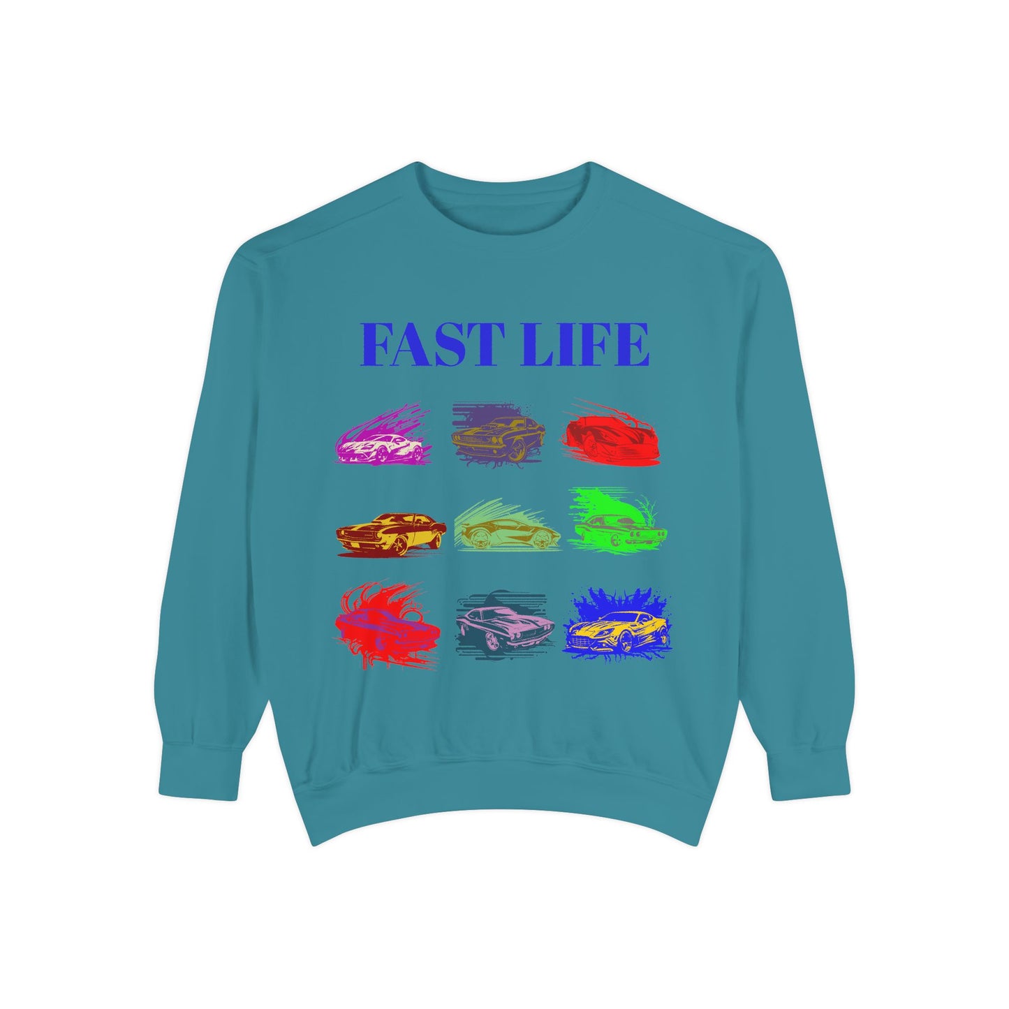 Fast Life Garment-Dyed Unisex Sweatshirt – Colorful Car Design for Automotive Enthusiasts