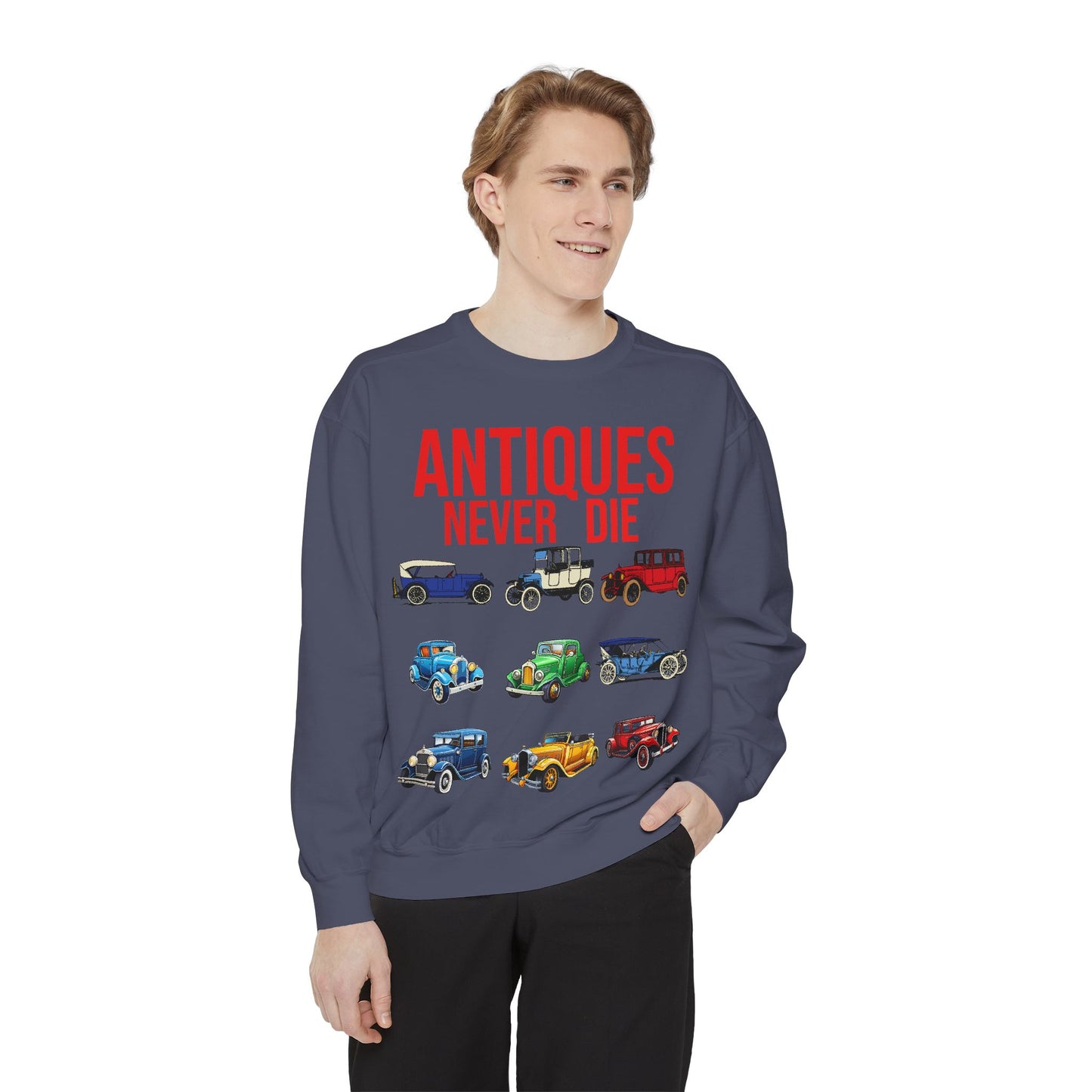 Vintage Car Lovers Sweatshirt - "Antiques Never Die"