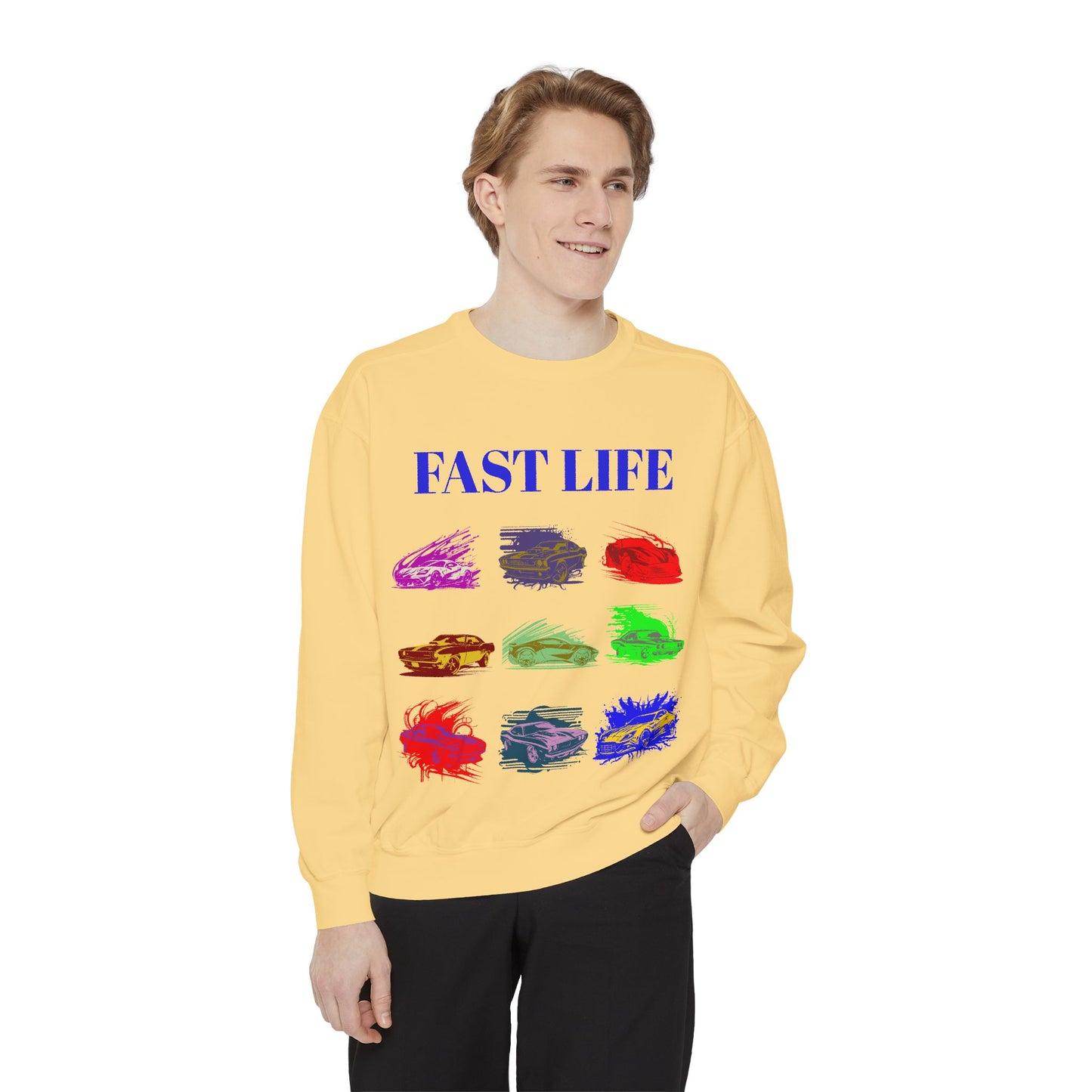 Fast Life Garment-Dyed Unisex Sweatshirt – Colorful Car Design for Automotive Enthusiasts