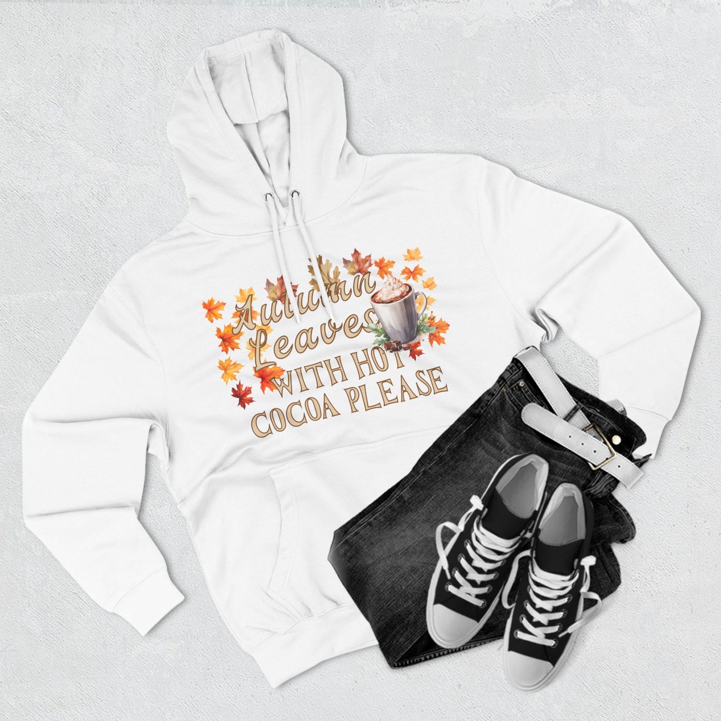 Fleece Hoodie - Fall Season Hot Cocoa and Pumpkins Design