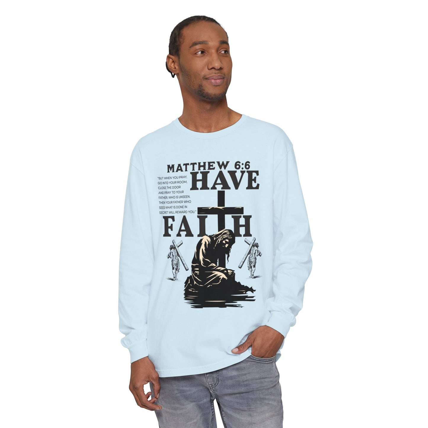 Faith Inspired Unisex Long Sleeve T-Shirt - Matthew 6:6 Design