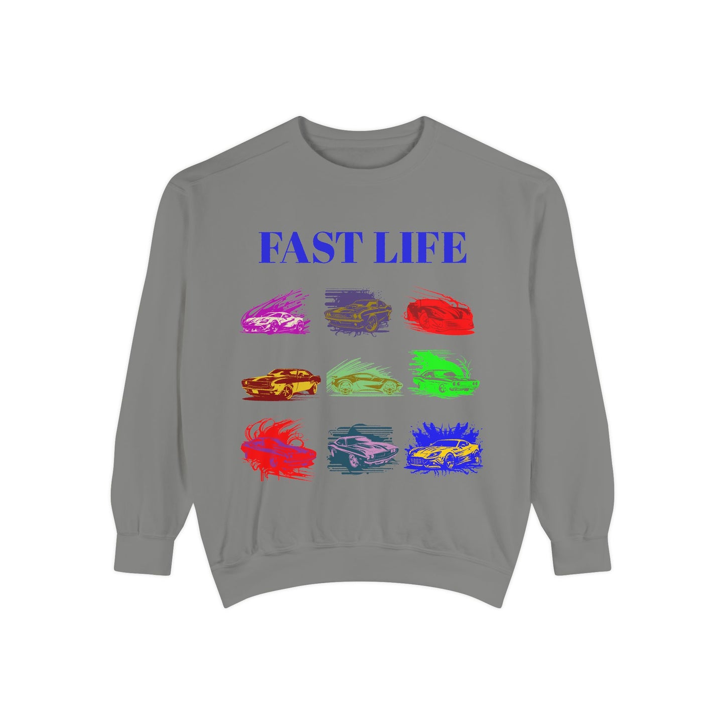 Fast Life Garment-Dyed Unisex Sweatshirt – Colorful Car Design for Automotive Enthusiasts