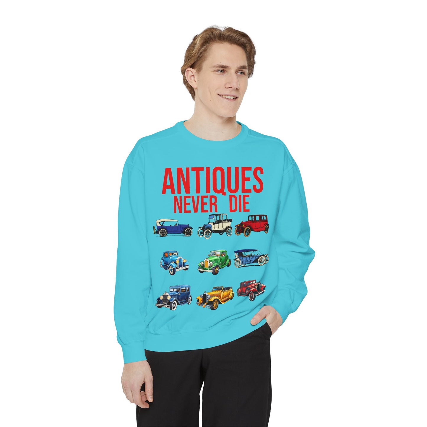 Vintage Car Lovers Sweatshirt - "Antiques Never Die"