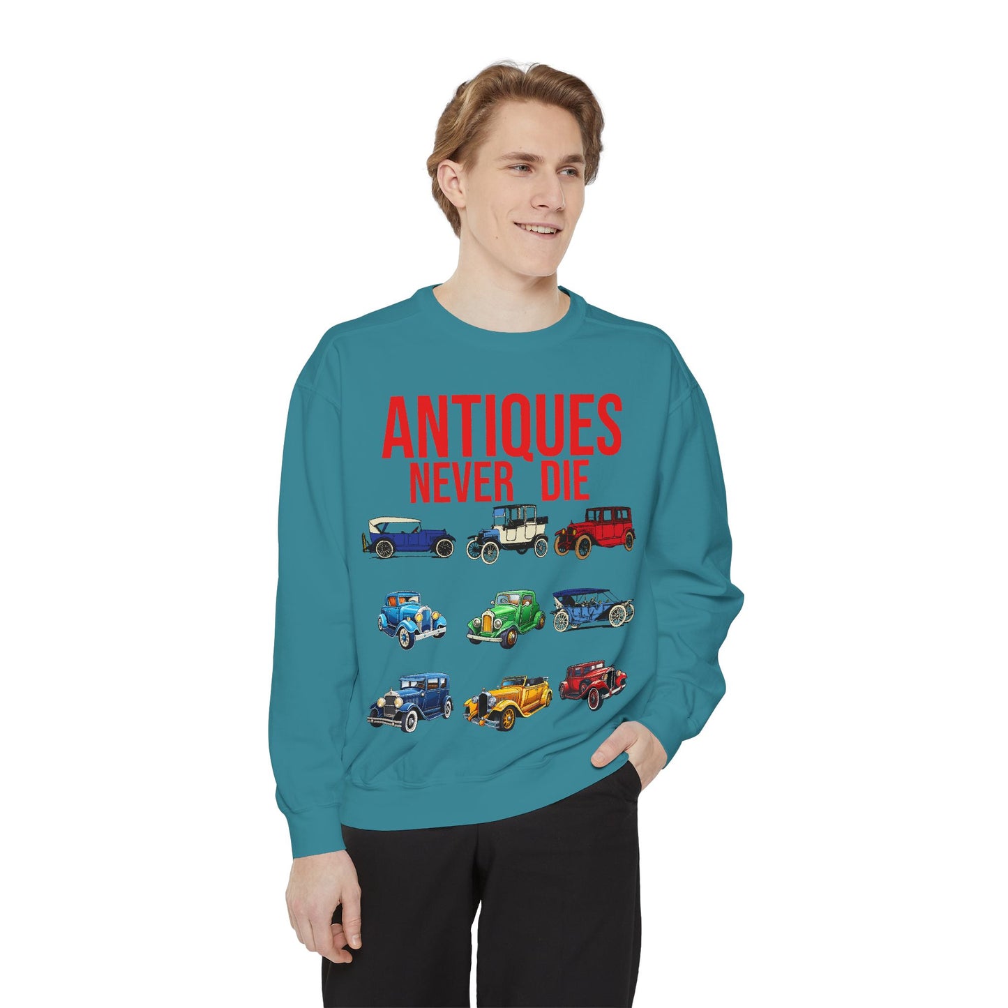 Vintage Car Lovers Sweatshirt - "Antiques Never Die"