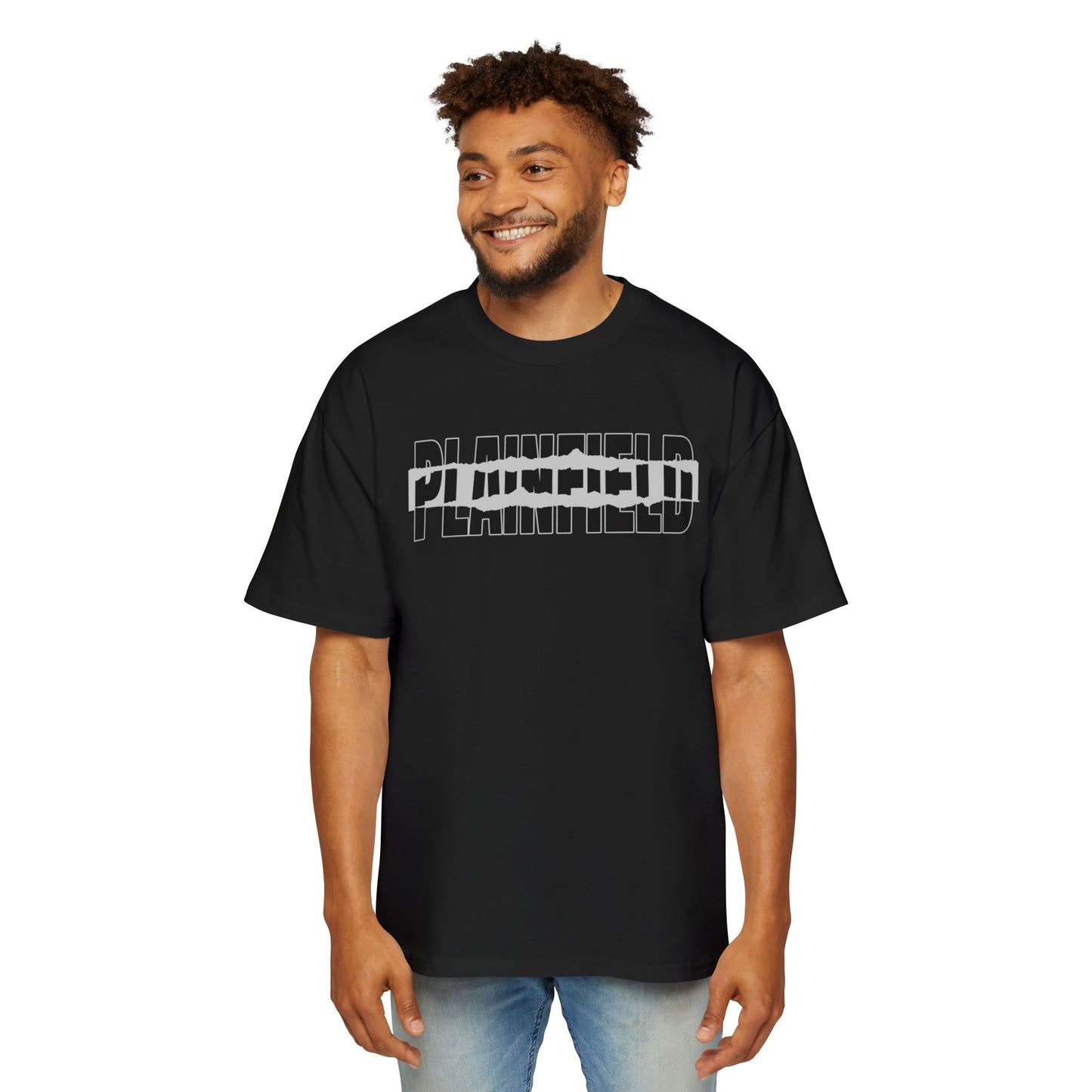 Plainfield Graphic Tee — Bold Distressed Logo Men’s Oversized Shirt
