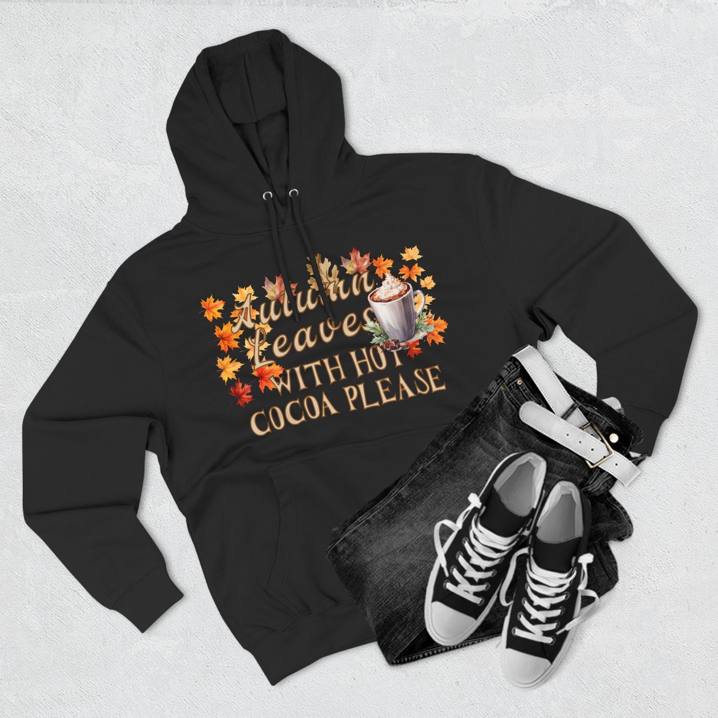 Fleece Hoodie - Fall Season Hot Cocoa and Pumpkins Design