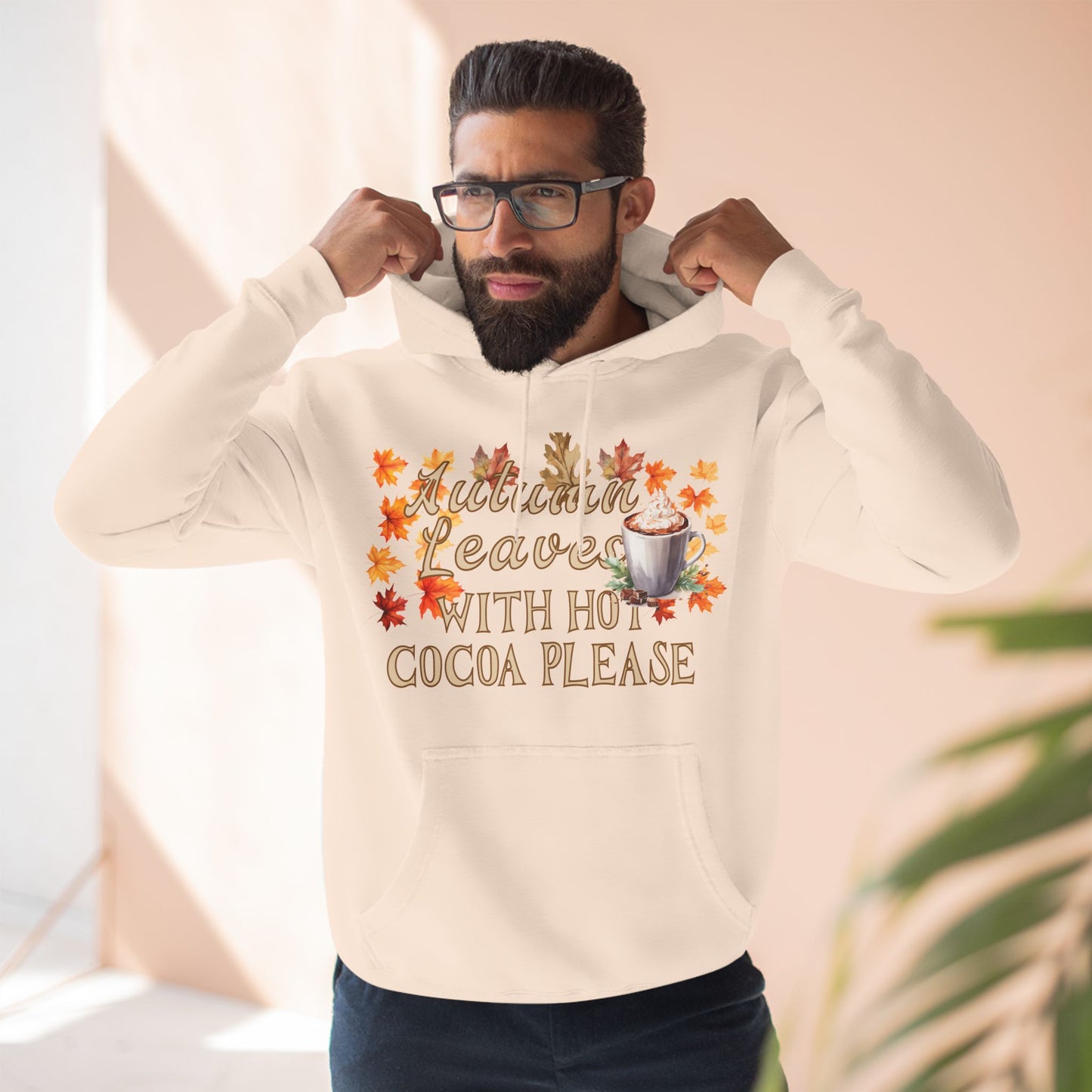 Fleece Hoodie - Fall Season Hot Cocoa and Pumpkins Design