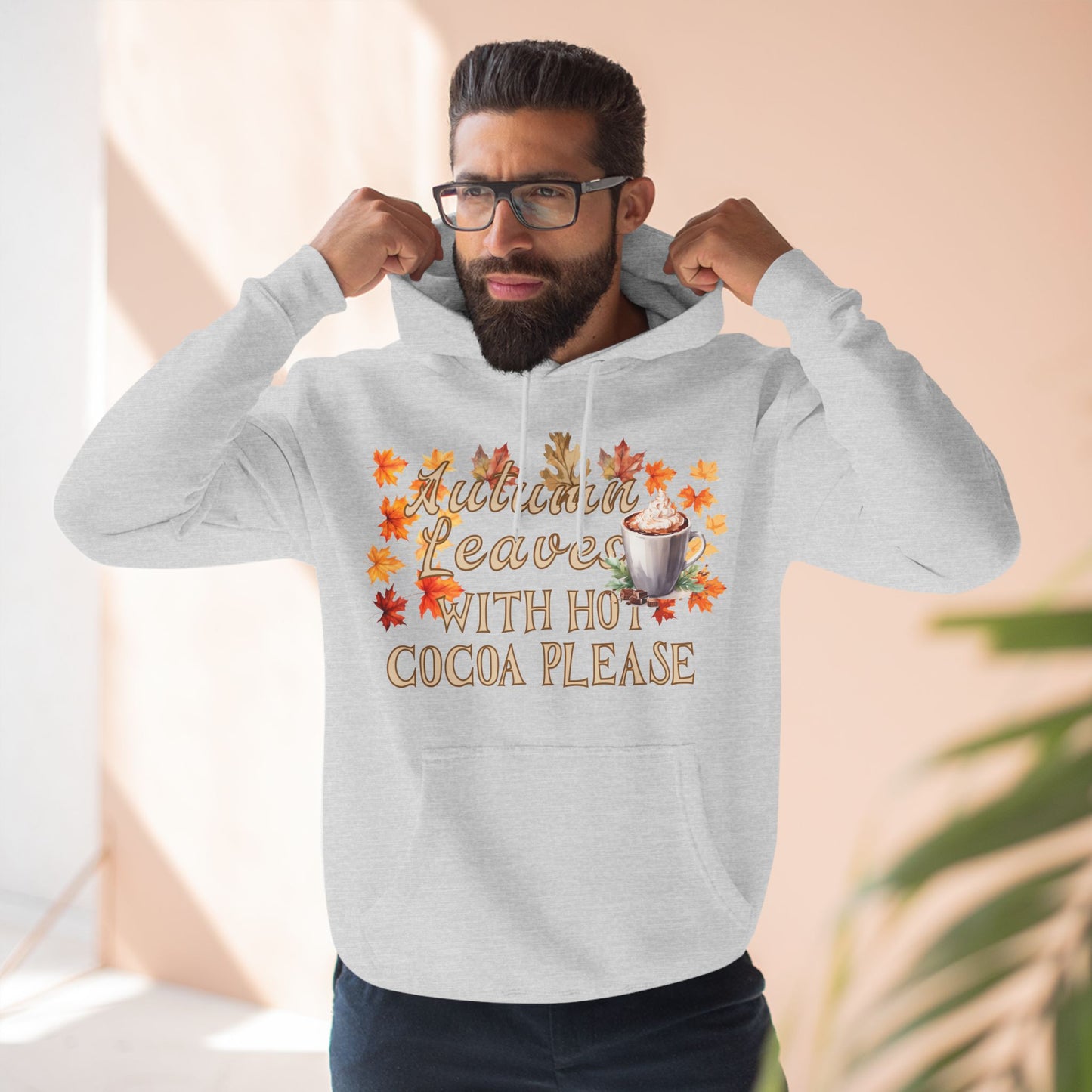 Fleece Hoodie - Fall Season Hot Cocoa and Pumpkins Design