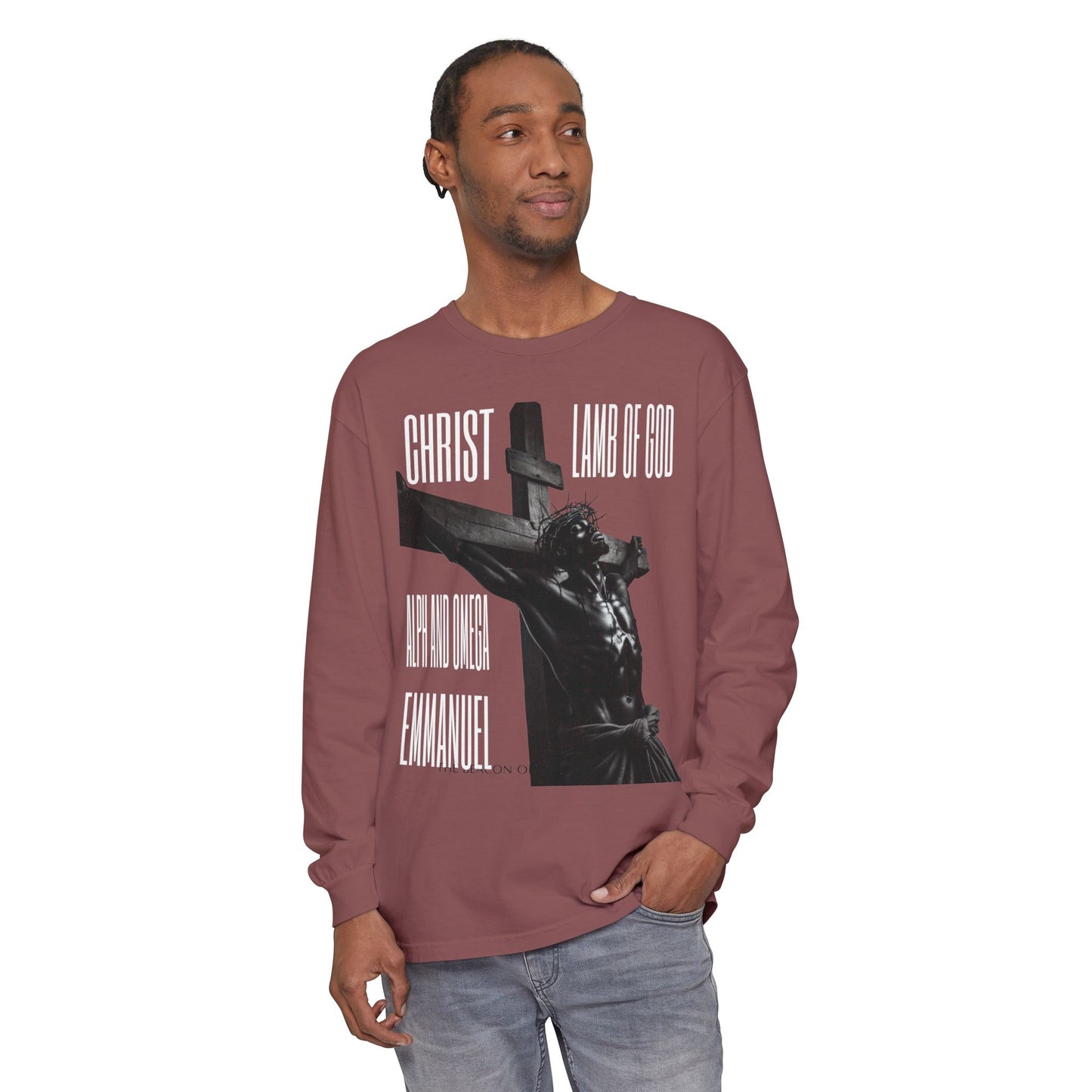 He Goes By many Names Faith-Inspired Long Sleeve T-Shirt - Garment-Dyed with Crucifix Design