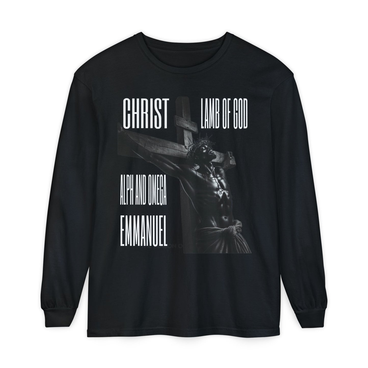 He Goes By many Names Faith-Inspired Long Sleeve T-Shirt - Garment-Dyed with Crucifix Design